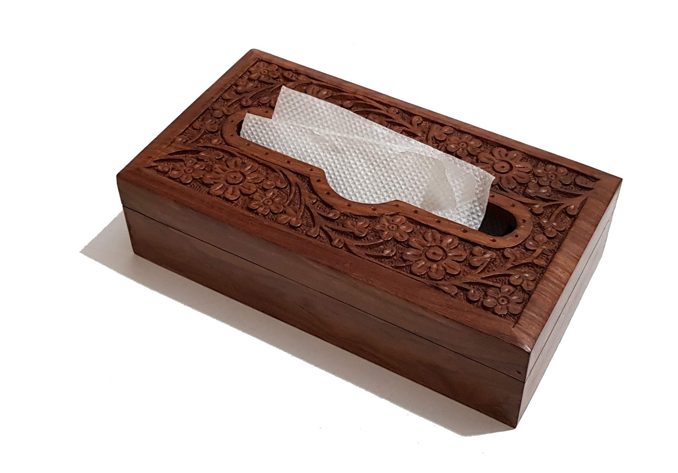 Pure Source India Handmade Wooden Tissue Napkin Holder Box, Decorative Wood Intricate Carvings Facial Napkins Holder Box for Dining Table, Kitchen, Home