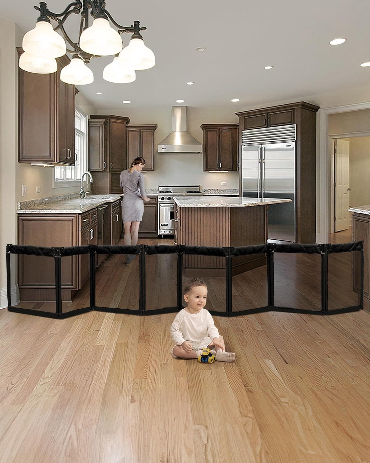 Dearlomum Extra Wide Foldable Safety Gate with Heat-Resistant Mesh, 8 Panels for Baby, Pet & Fireplace, Black