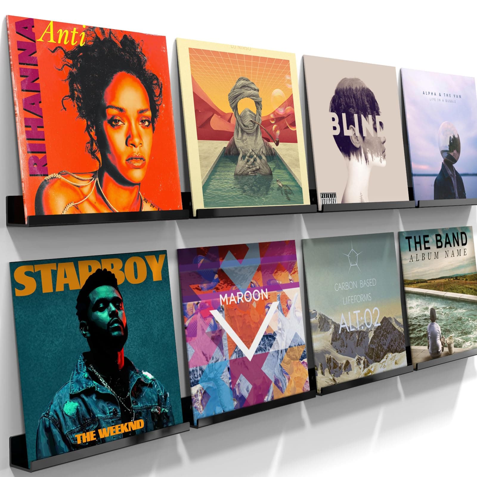 ILYXY Acrylic Vinyl Record Holder Wall Mount – 8 Pack 12-Inch Floating Vinyl Shelves, Black Record Display Frames for LP Albums & Wall Decor