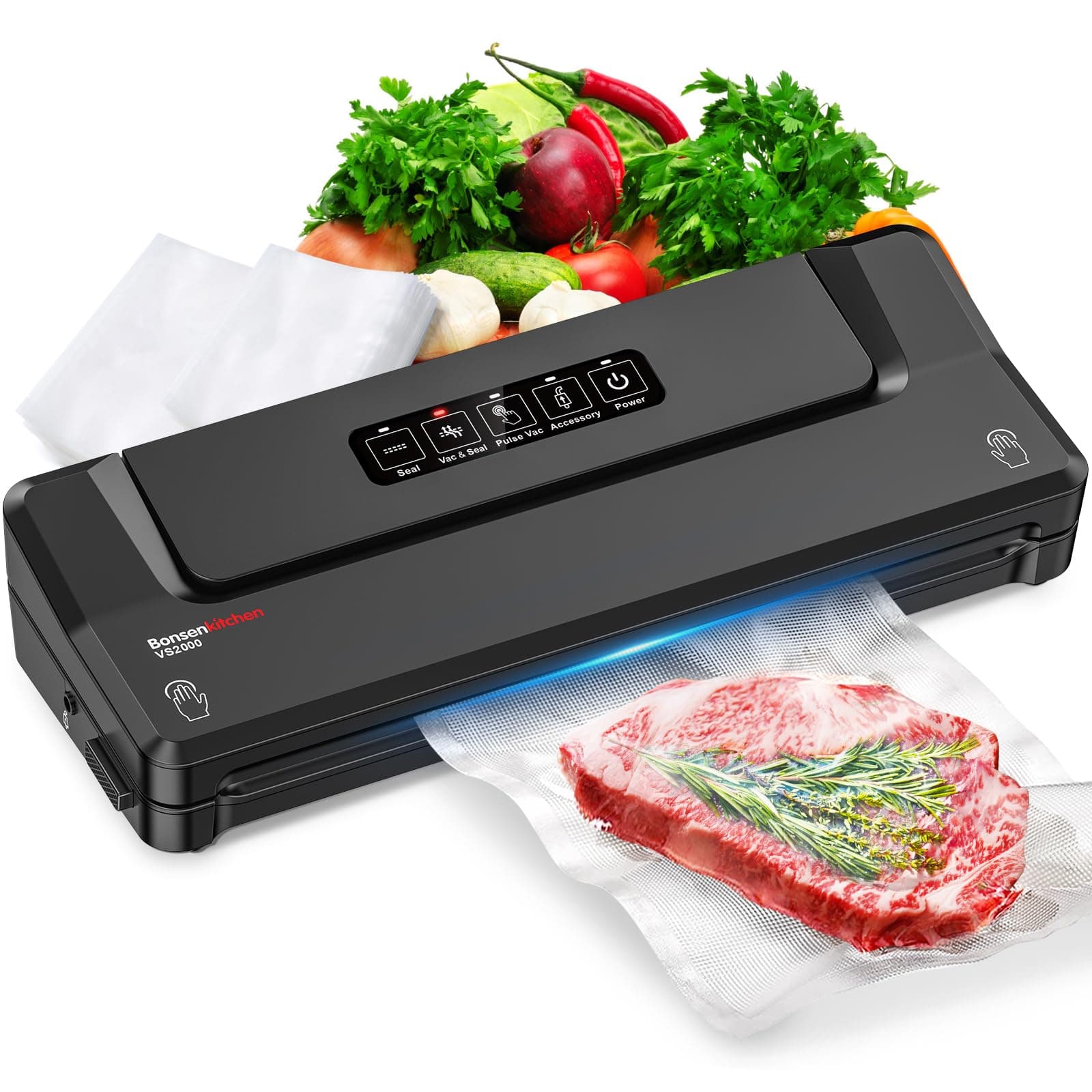 BonsenkitchenVacuum Sealer, Fast-Compact Vacuum Sealer Machine, Globefish Technology for High-Speed Continuous Working, Multi-Functional Food Vacuum Sealer with Vacuum Bags & Accessory Hose, Black