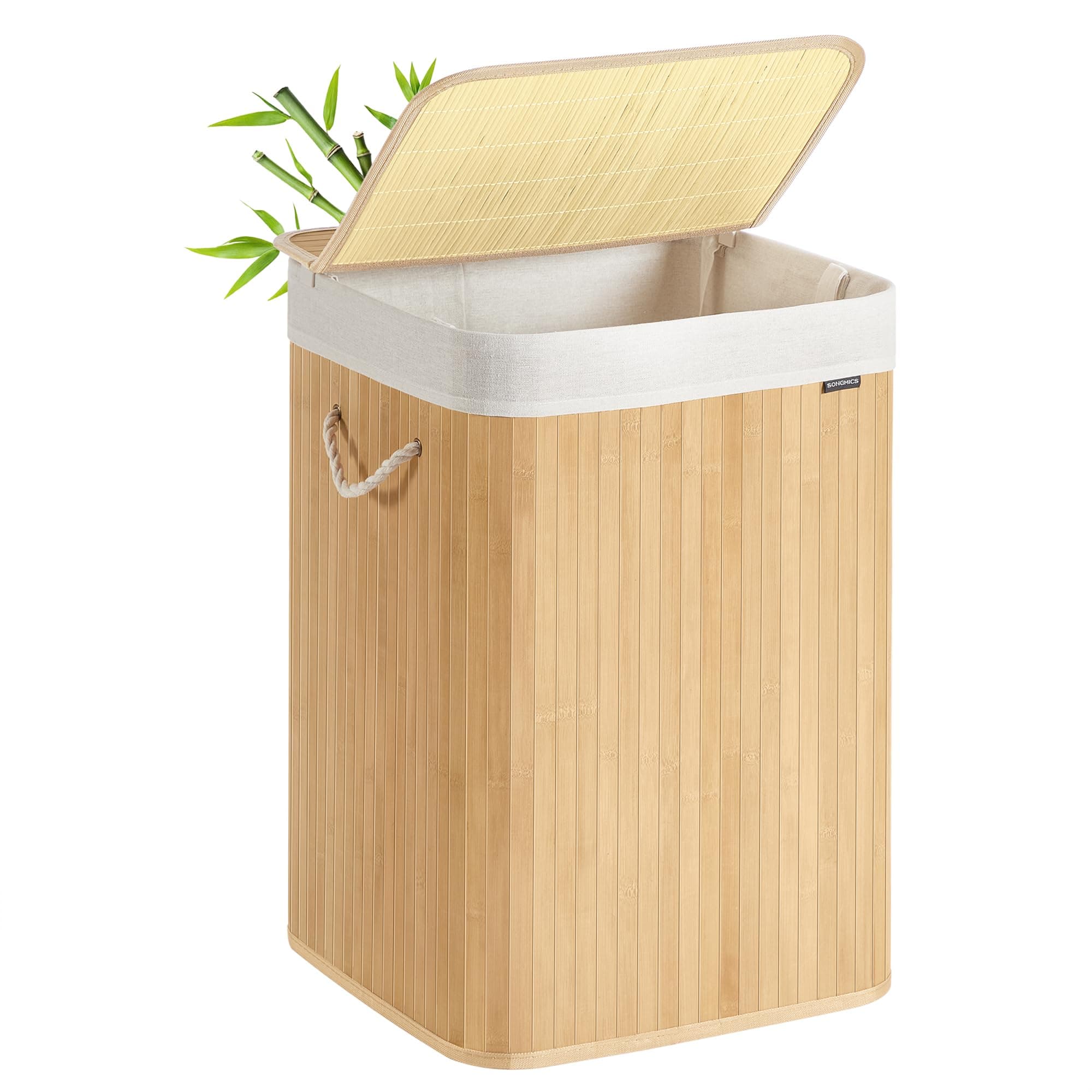 SONGMICS Laundry Basket, 95 L, Laundry Hamper, Laundry Bin with Lid, Bamboo, Foldable, Removable and Machine Washable Liner Bag, for Laundry Room, Bedroom, Natural LCB060Y01