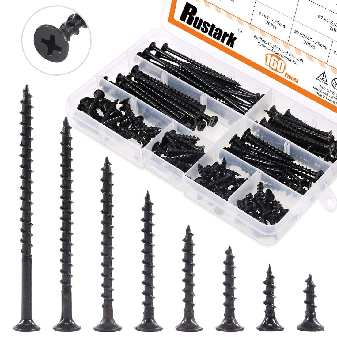 160-Pcs #7 Coarse Thread Drywall Screw with Phillips Drive Black Oxide Finsh Bugle Head Wood Screws Assortment Kit Ideal for Drywall Sheetrock