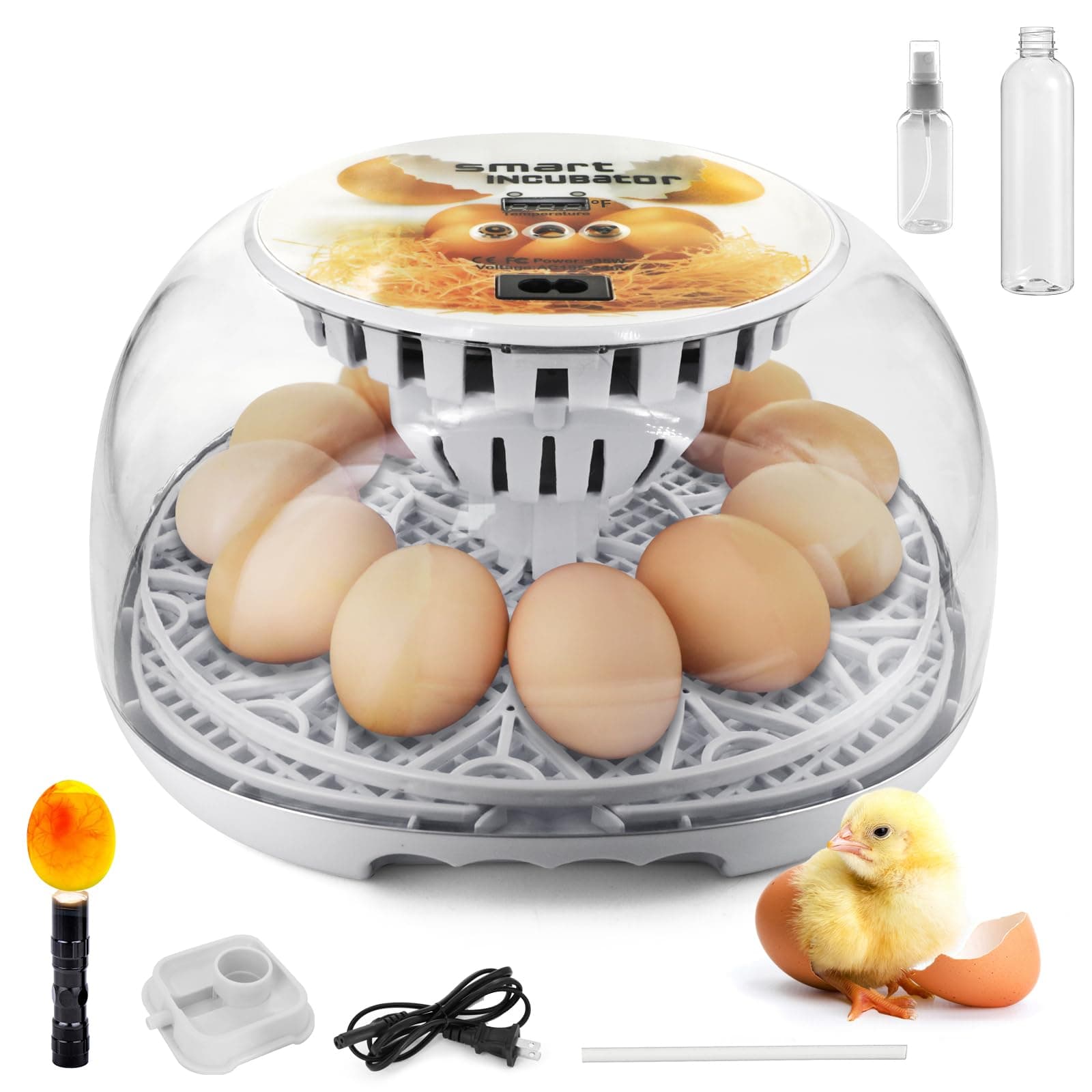 Egg Incubator for Hatching Chicks, Automatic Egg Turner Holds 12 Eggs, Smart Incubator 360° Clear Window with Temperature Display Egg Candler for Small Poultry Chickens Ducks Quails Eggs