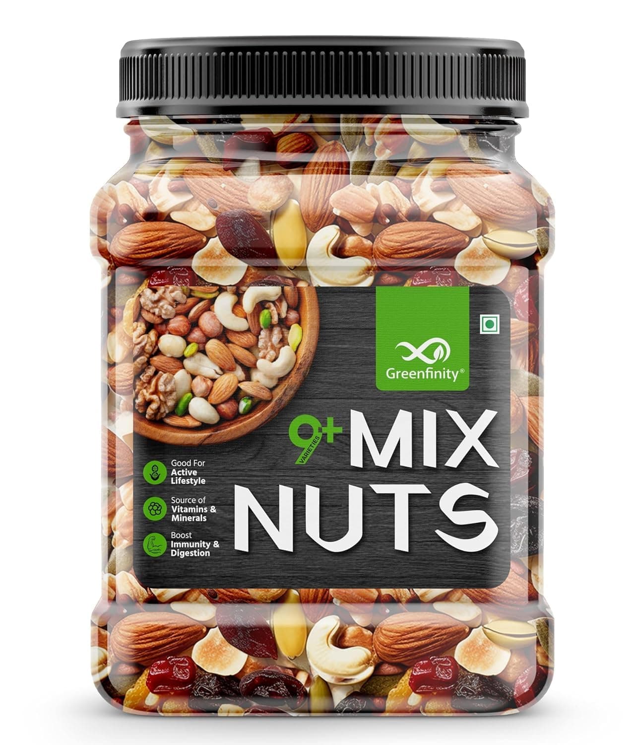 GreenFinity Healthy Nutmix 500 Gram | Jar Pack | Dried Almonds, Black Raisins, Cashewnuts, Cranberries, Green Raisins, Walnut Kernels & Many More
