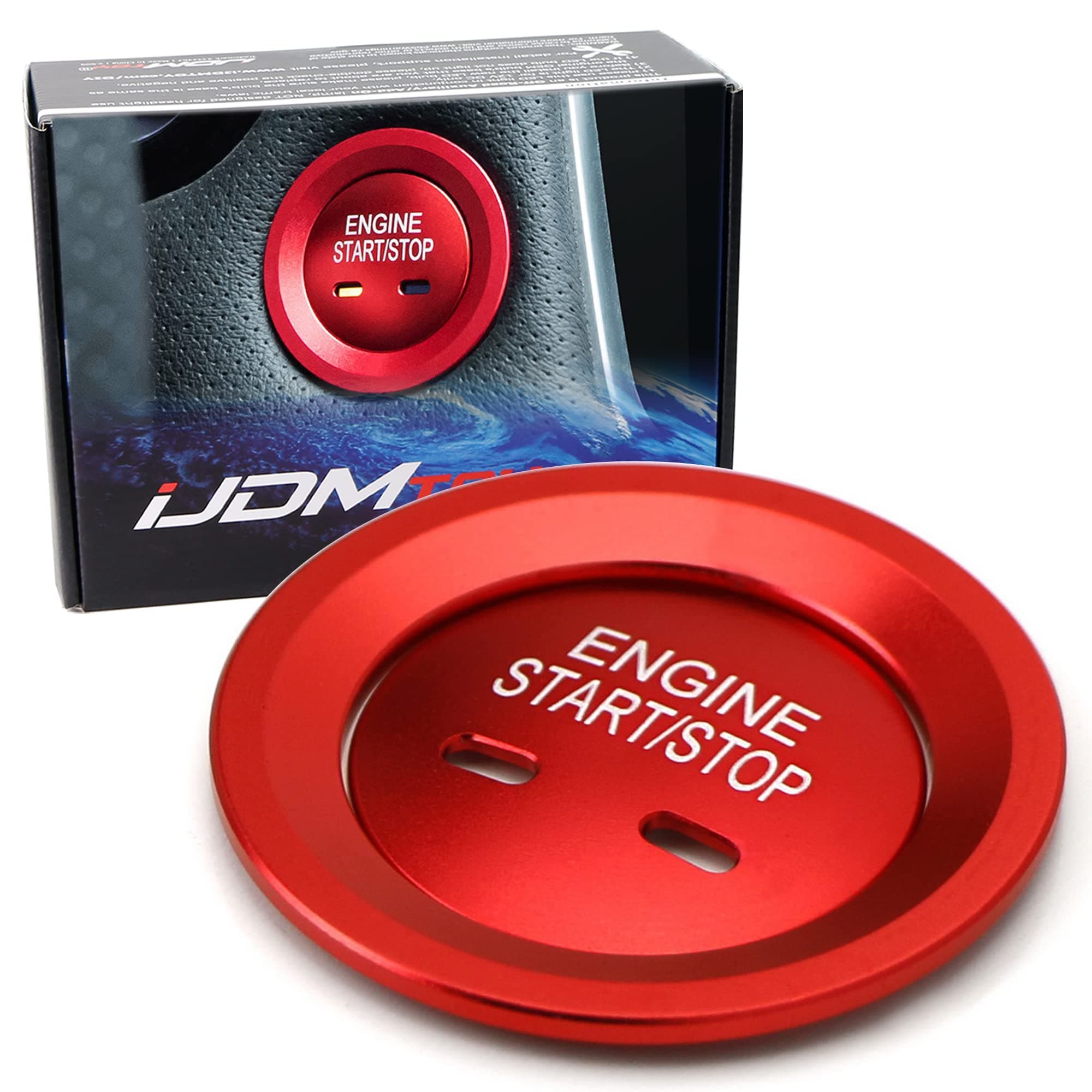 Red Keyless Engine Push Start Button & Surrounding Ring Compatible with Cadillac Chevy GMC etc, 2pc Aluminum Ring/Cover Set