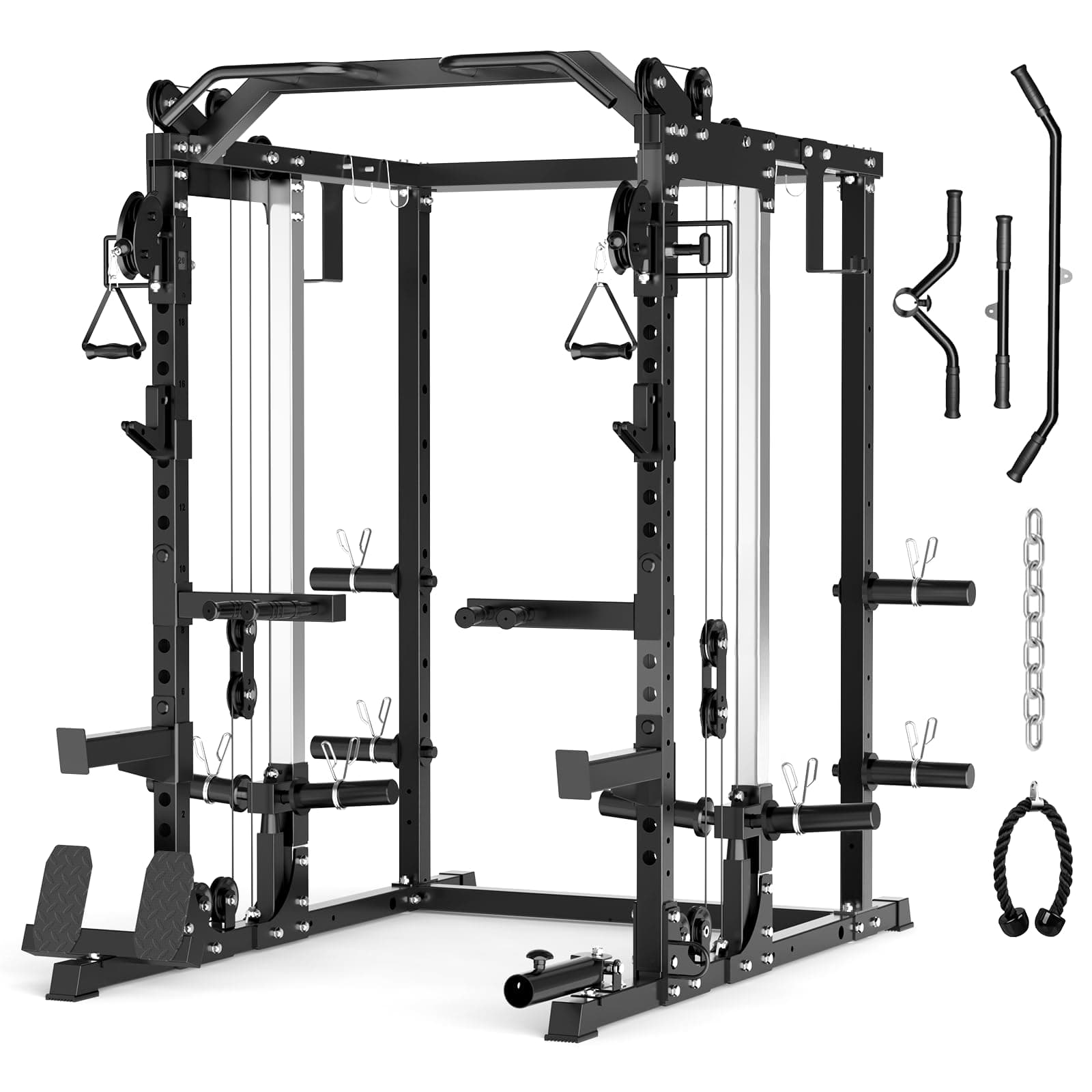 Power Cage Home Gym, Dual Pulley Cable Crossover System, All-in-One Squat Power Rack with Strength Training Attachments for Full-Body Workouts