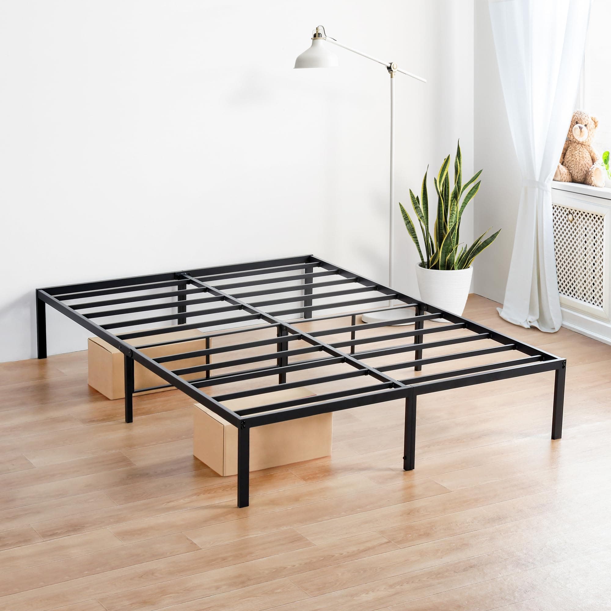 Olee Sleep 14 Inch Classic Metal Platform Bed Frame, Steel Slat Anti-Slip with Center Support, Steel Mattress Foundation, No Box Spring Needed, Black, Queen Size