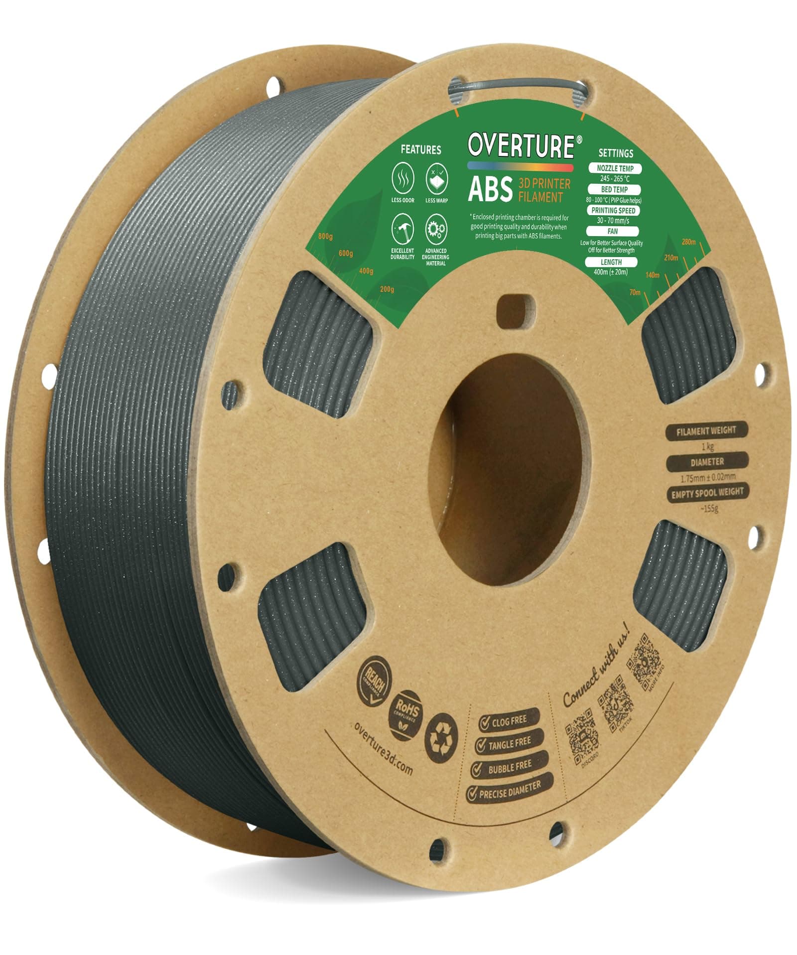 OVERTUREABS 1.75mm Filament 3D Printer Consumables, 1kg Spool (2.2lbs), Dimensional Accuracy +/- 0.05 mm, Fit Most FDM Printer (Dimond Grey), UK-ABS17511