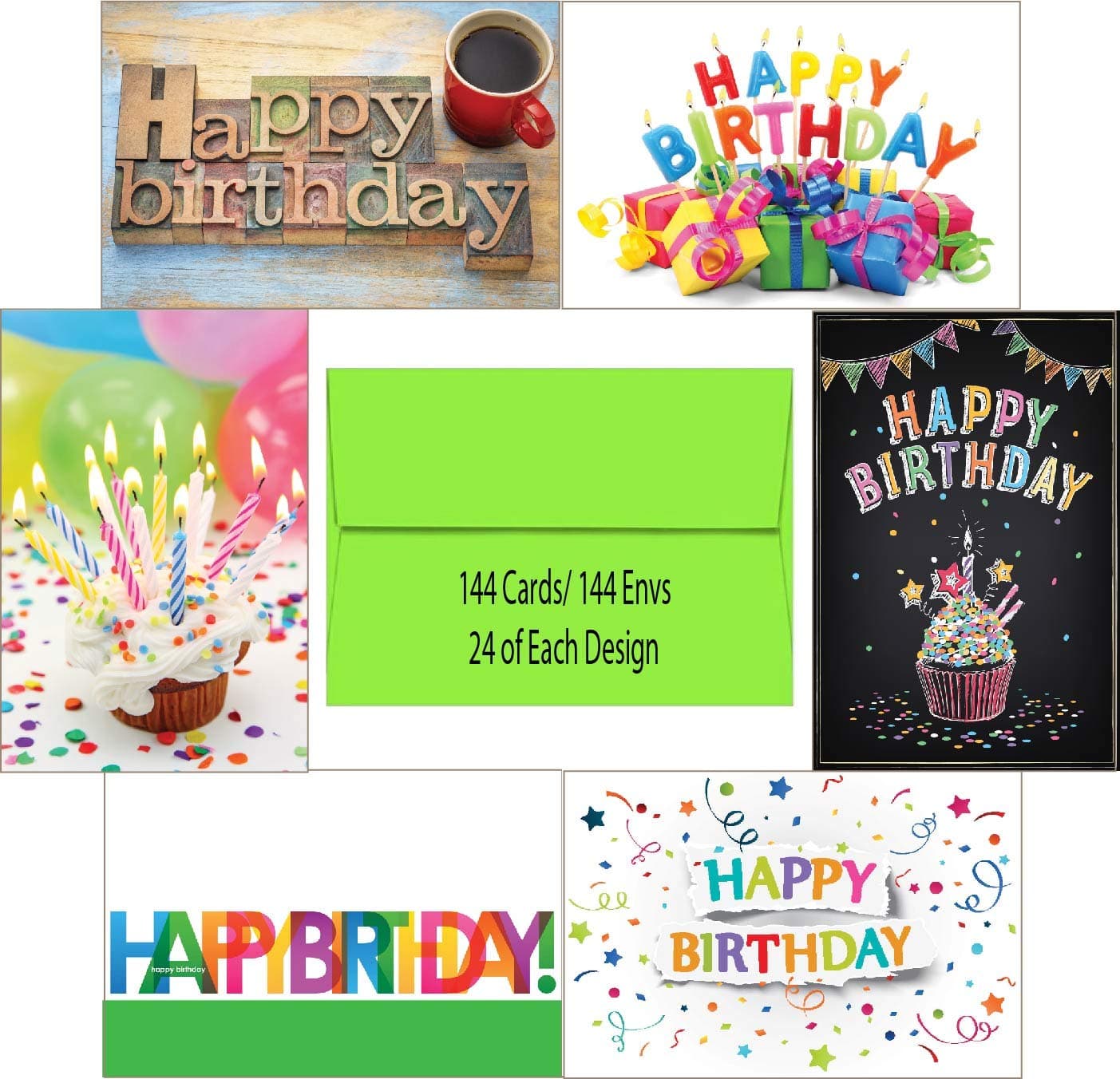 Blank Birthday Card Assortment Box Set 144 Count Pack in Bulk, Blank Interior, 24 of Each Design, 144 A6 Martian Green Envelopes, Card Size 4" x 6"