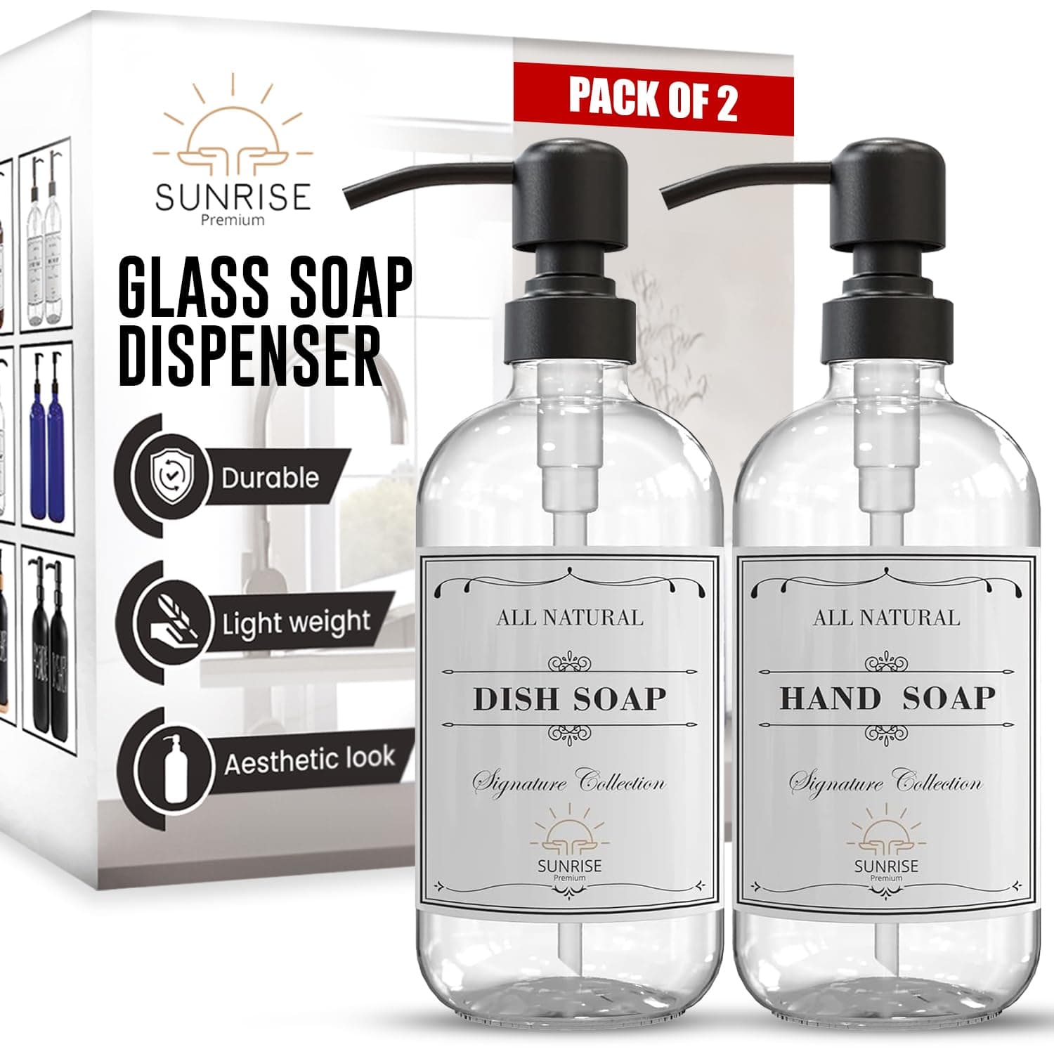 2 Pack Clear Glass Soap Dispenser 16 OZ with Matte Black Stainless Steel Pump, Hand and Dish Soap Dispenser Set for Bathroom and Kitchen Sink with 6 Waterproof Labels