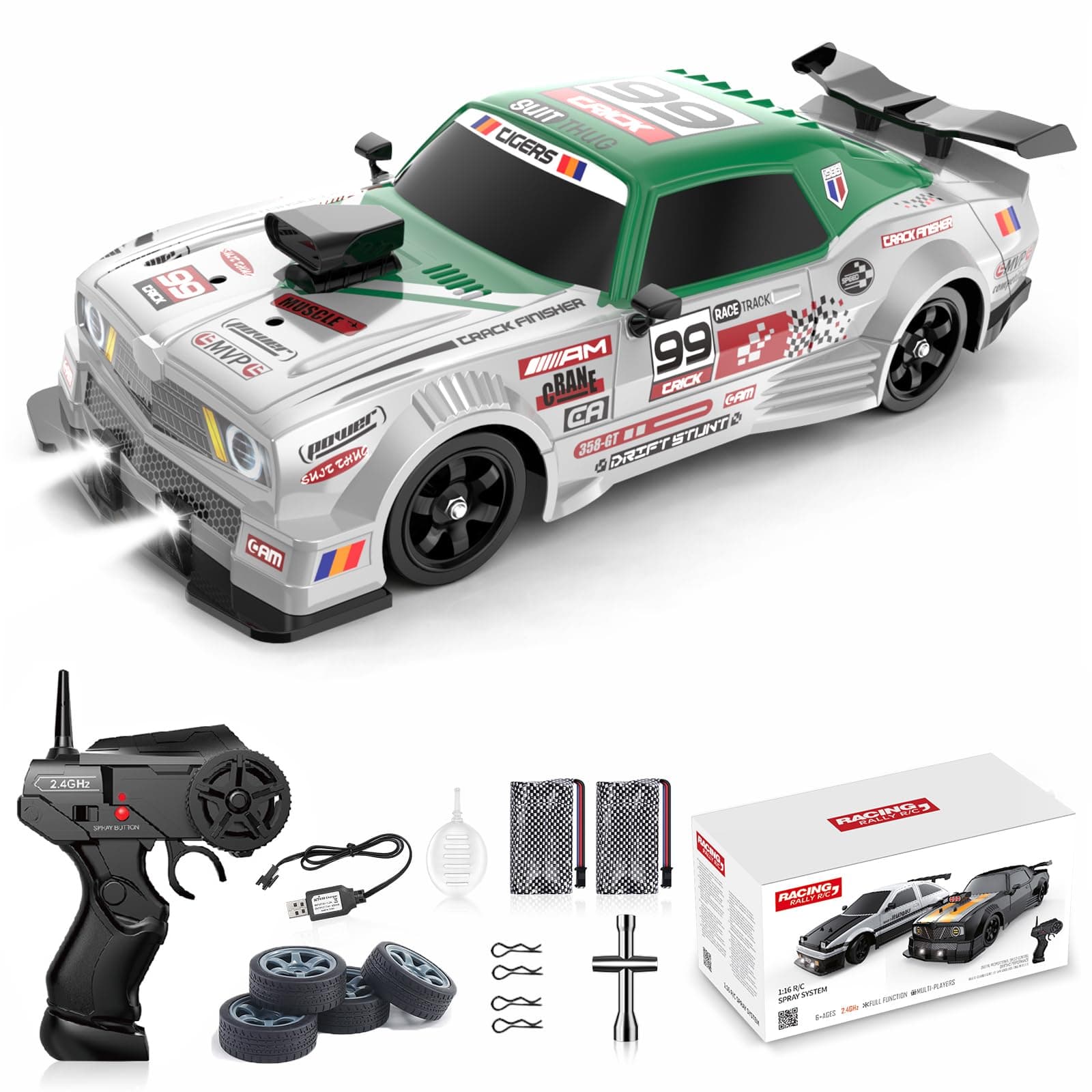 RC Drift Car 1:16 Scale 4WD High Speed Remote Control Cars Vehicle 2.4GHz with LED Lights Two Batteries and Drifting Tires Racing Sport Toy Cars for Adults Boys Girls Kids