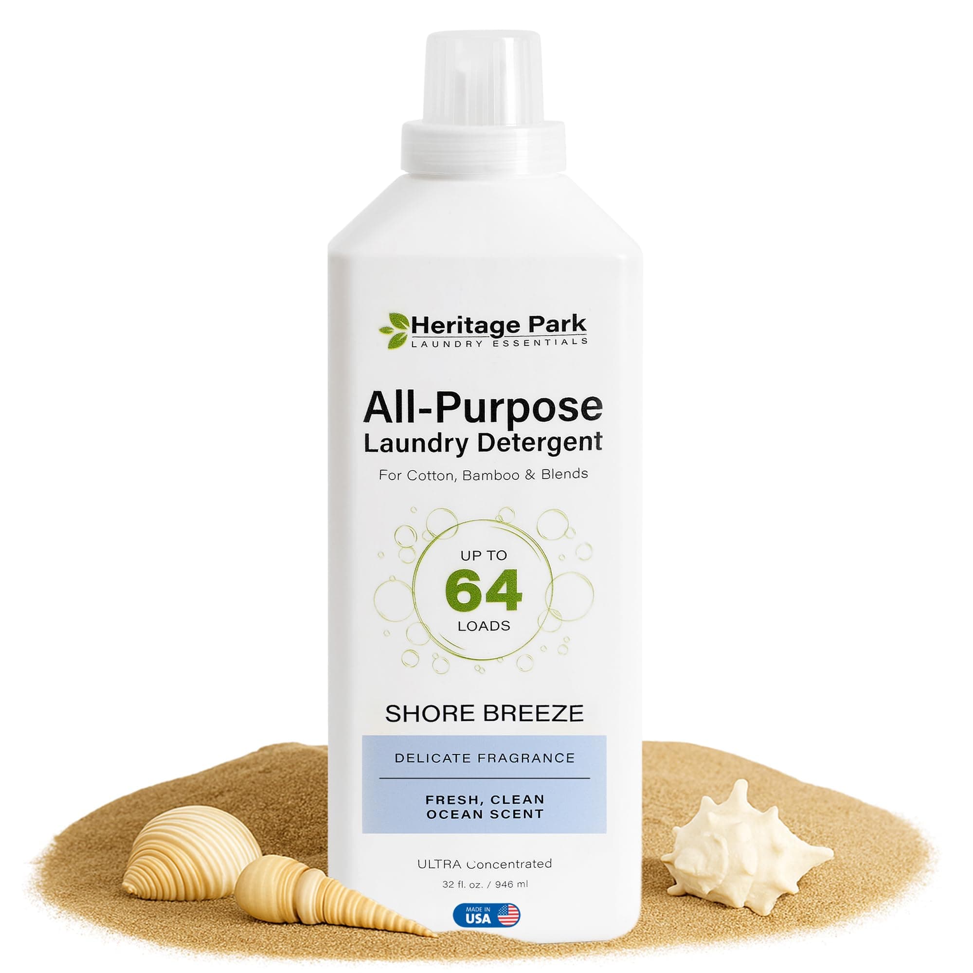 Heritage Park Luxury Laundry Detergent | Dermatologist Tested Plant based Natural & Enzyme Laundry Detergent | Sensitive Skin Friendly - Shore Breeze (32 fl oz)