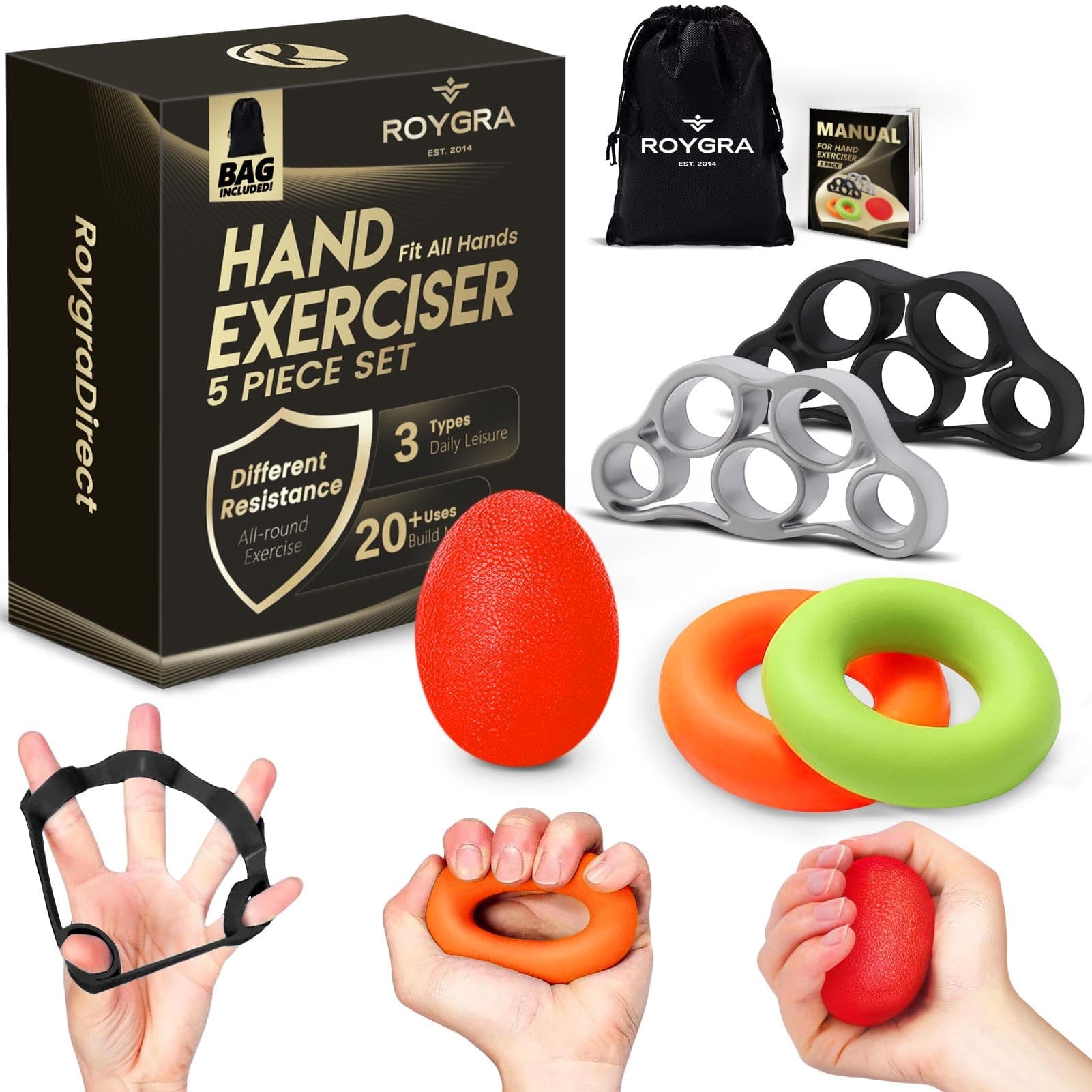 roygra Hand Exerciser, Finger Strengthener, Different Resistance Kit - 5 Pack