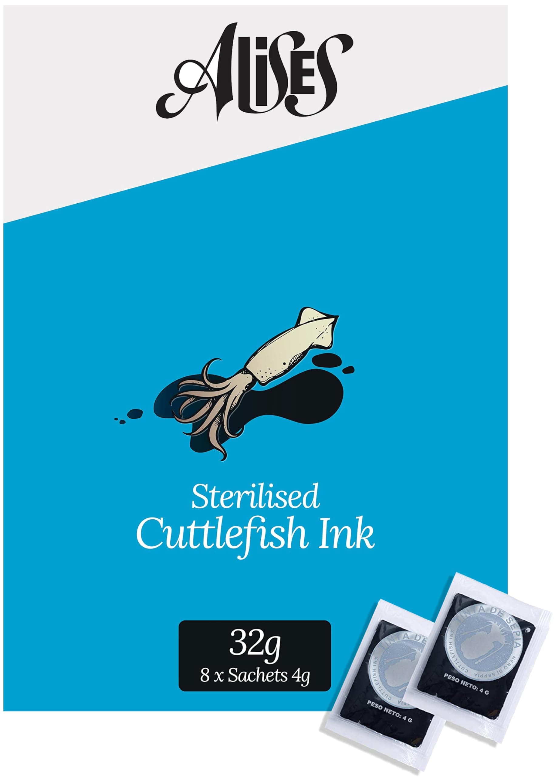 – Alises 32g Squid (Cuttlefish) Ink Sachets (8 x 4g), of ready to eat, edible Ink