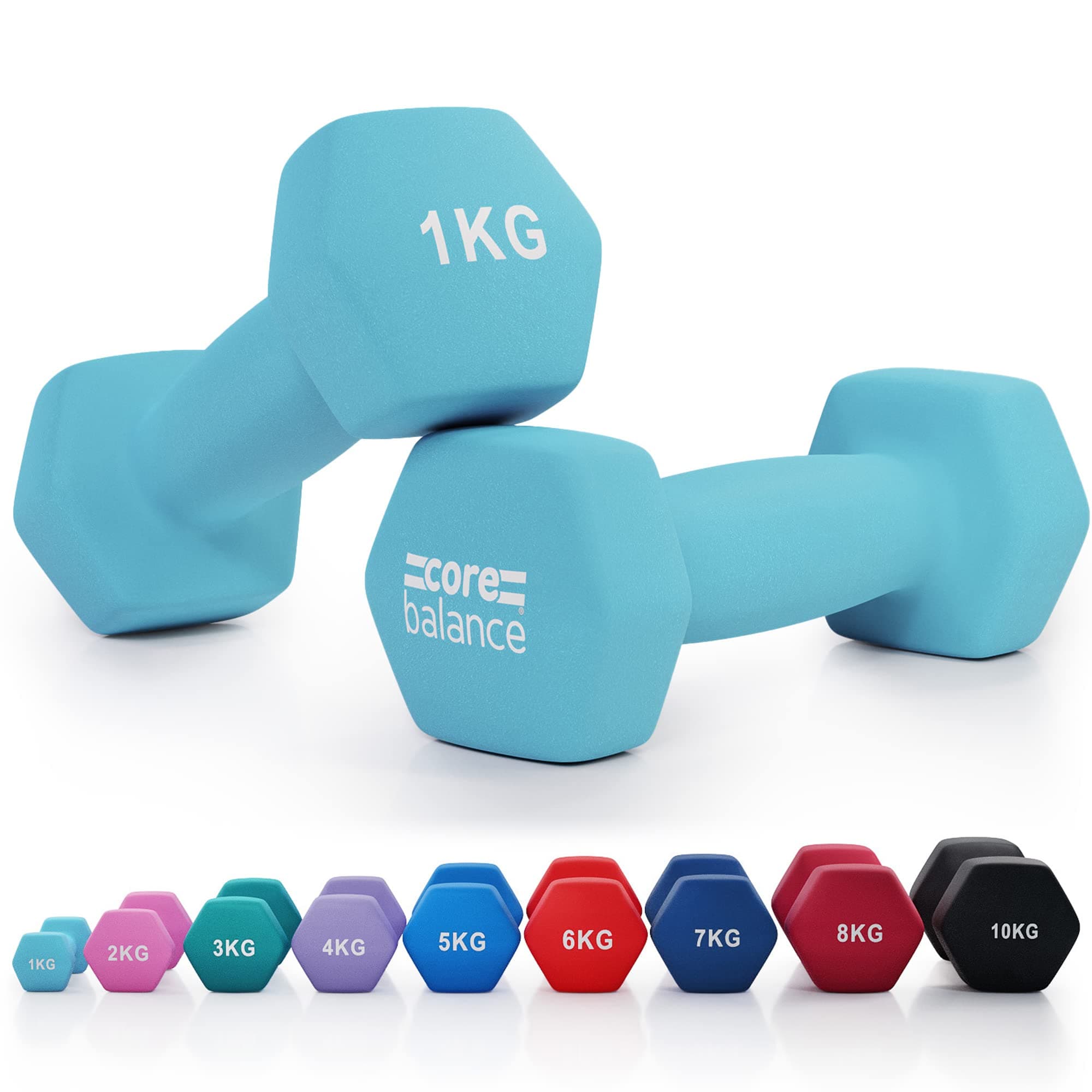Core Balance Dumbbell Pair Hex Weight Neoprene Coated Cast Iron Strength Training (2 x 1kg, 2kg, 3kg, 4kg, 5kg, 6kg, 7kg, 8kg, or 10kg)