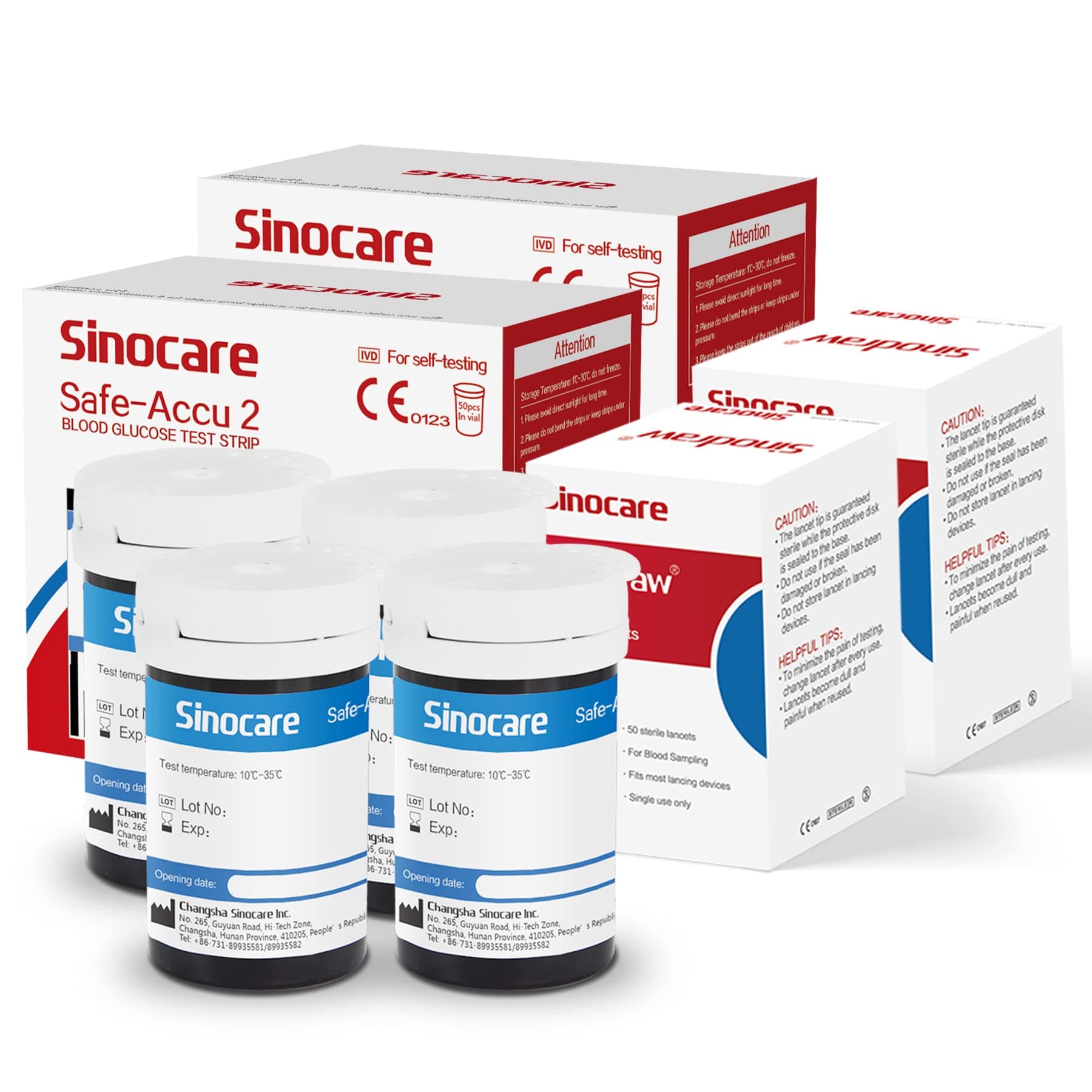 Sinocare Safe Accu2 Blood Sugar Test Strips, 100pcs Blood Glucose Test Strips & 100pcs Twist Lans., Blood Test Strip for Safe Accu2 Blood Glucose Monitor