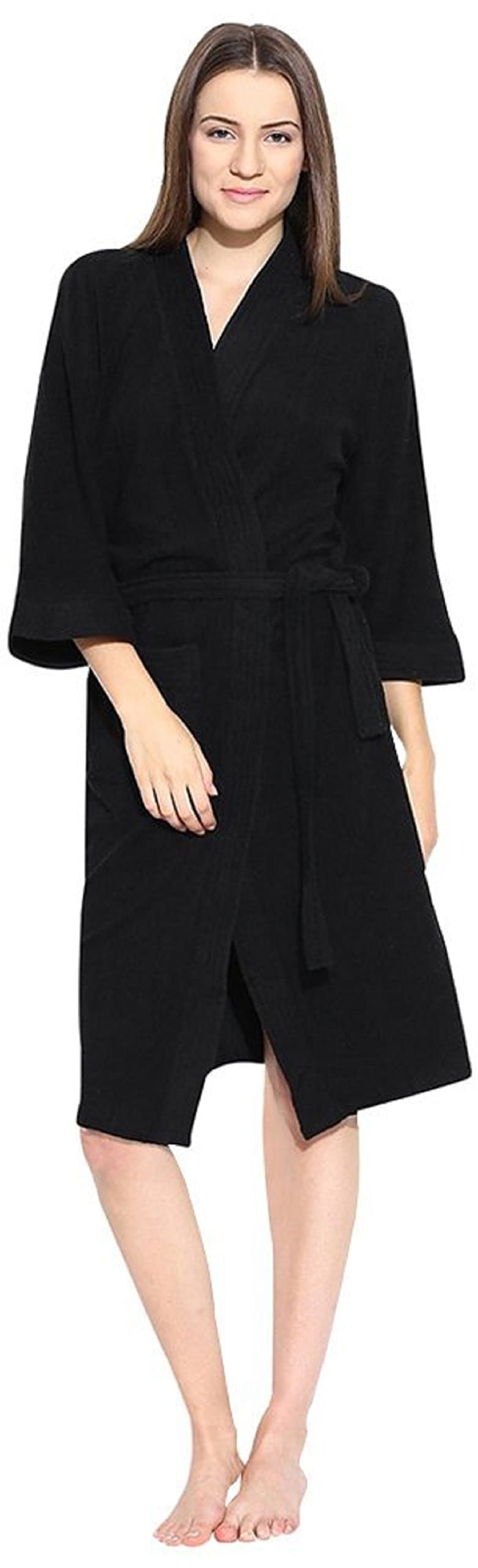 Premium Collection 3/4Th Sleeve Terry Bathrobe-Free Size Black