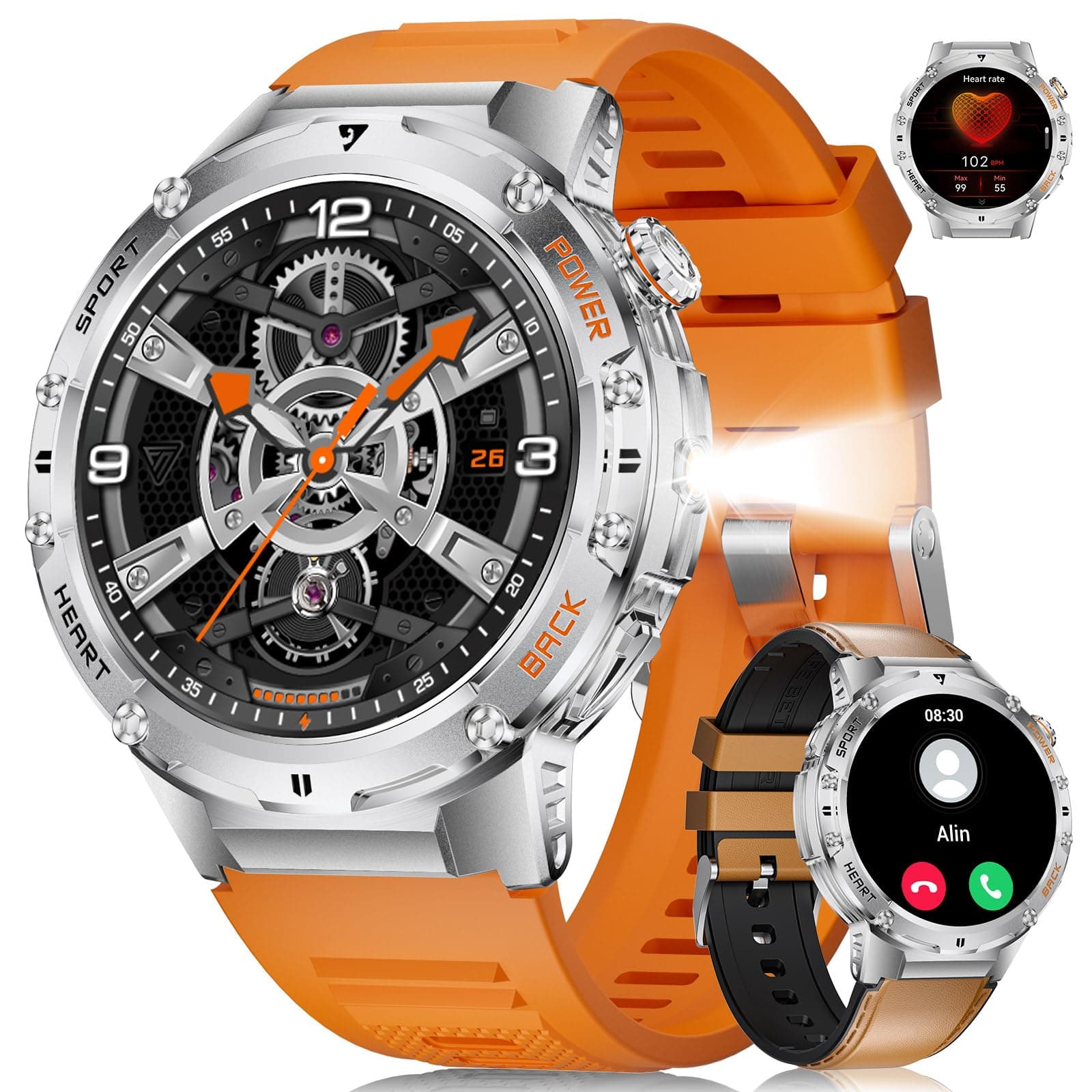 Military Smart Watches for Men(Answer/Make Calls) with LED Flashlight,530mAh Large Battery,1.43’’ AMOLED,5ATM Waterproof Smartwatch for Android iOS,130+Sport Modes Heart Rate/Sleep Monitor Leather