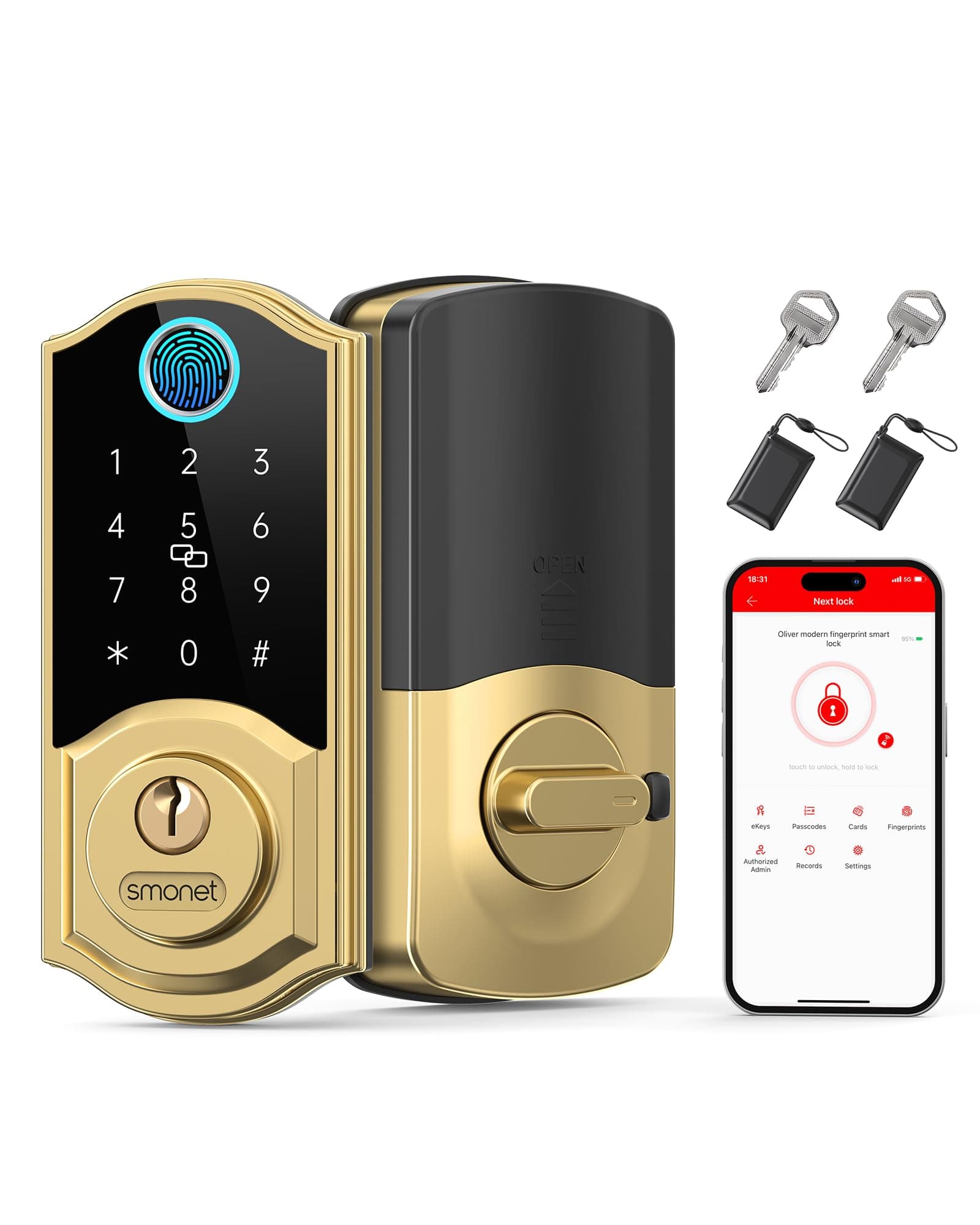 SMONET Smart Lock,Fingerprint Gold Keyless Entry Door Lock,7-in-1 Smart Deadbolt with App Control,Electronic Touchscreen Keypad Biometric Smart Locks for Front Door,Easy to Install