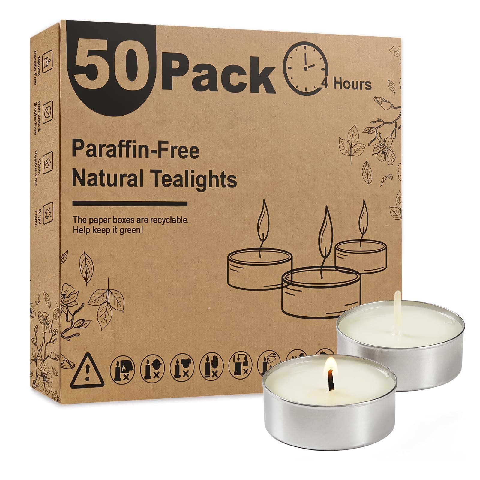 Ashlux Unscented Palm Tea Lights Candles 50 Pack Bulk, 4.5 Hours Long Burning White Tea Lights,Non-Paraffin, Smokeless, Mini Tealight Candles for Wedding, Christmas Lights, Party, Power Outages