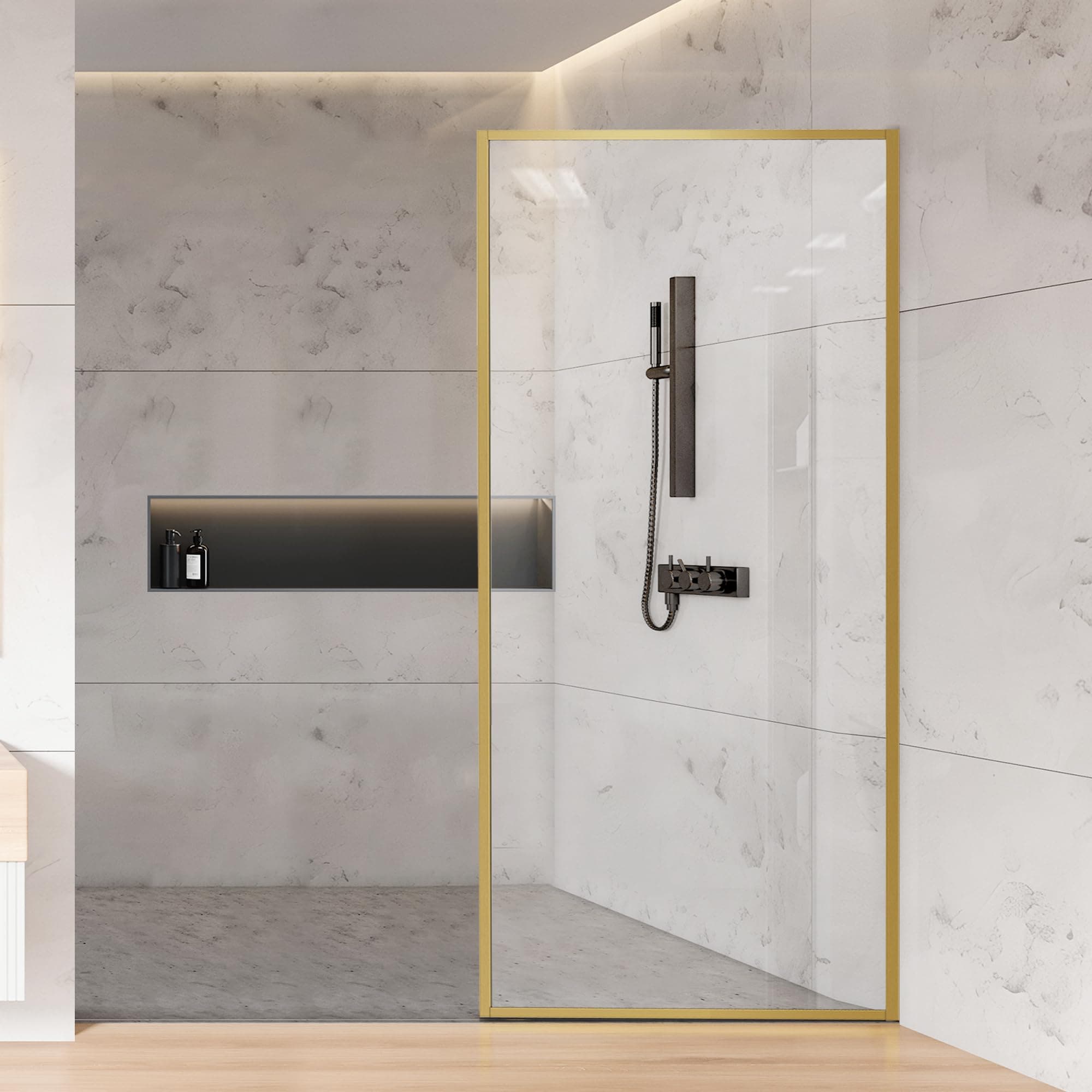 Fixed Full-Framed Bathroom Shower Glass Door, 34"*74" Single Shower Glass Screen Panel, 5/16"(8mm) Clear Tempered Glass Shower Door for Walk-in Shower, Brushed Gold