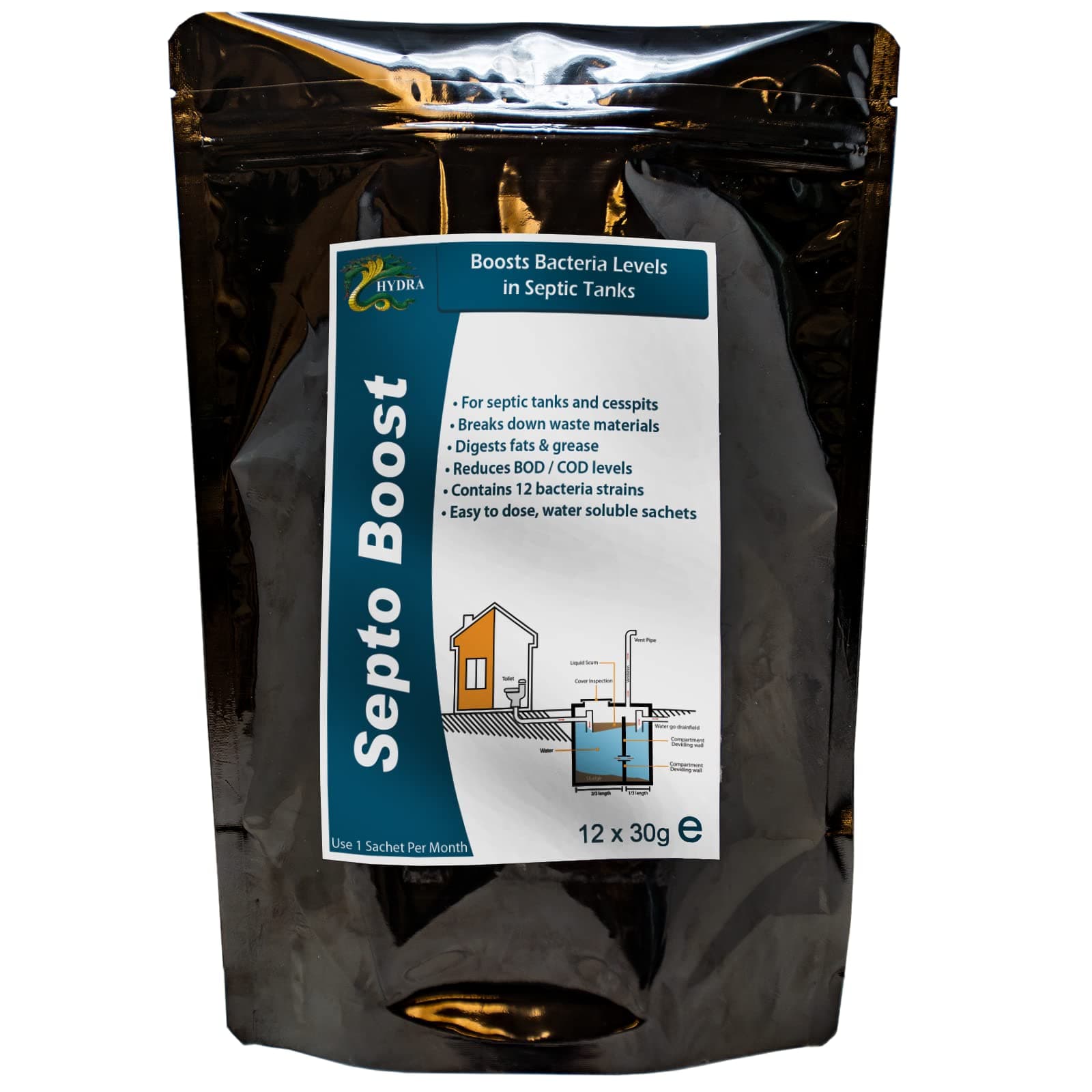 Septo Boost - Bacteria for Septic Tank Boost & Treatment | Biological Bacteria and Enzyme Cleaner for Septic Tanks | 12 Months Supply