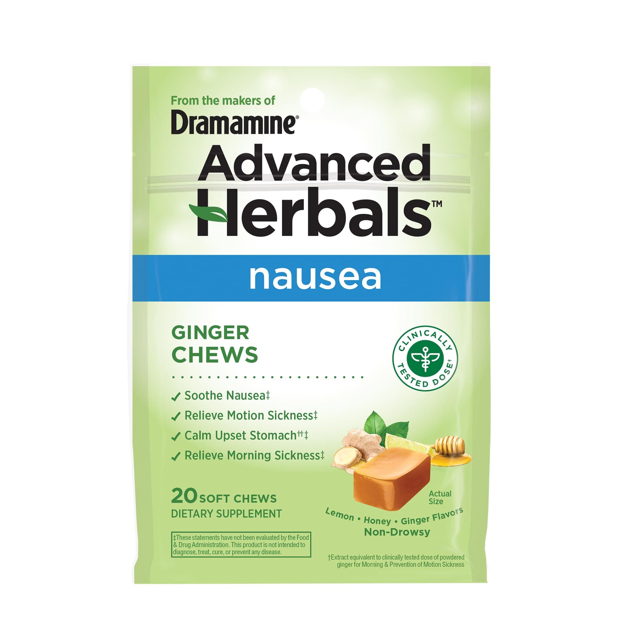 From the Makers of , Advanced Herbals, Ginger Chews, Nausea Relief Soft Chews Lemon-Honey-Ginger, 20 Count