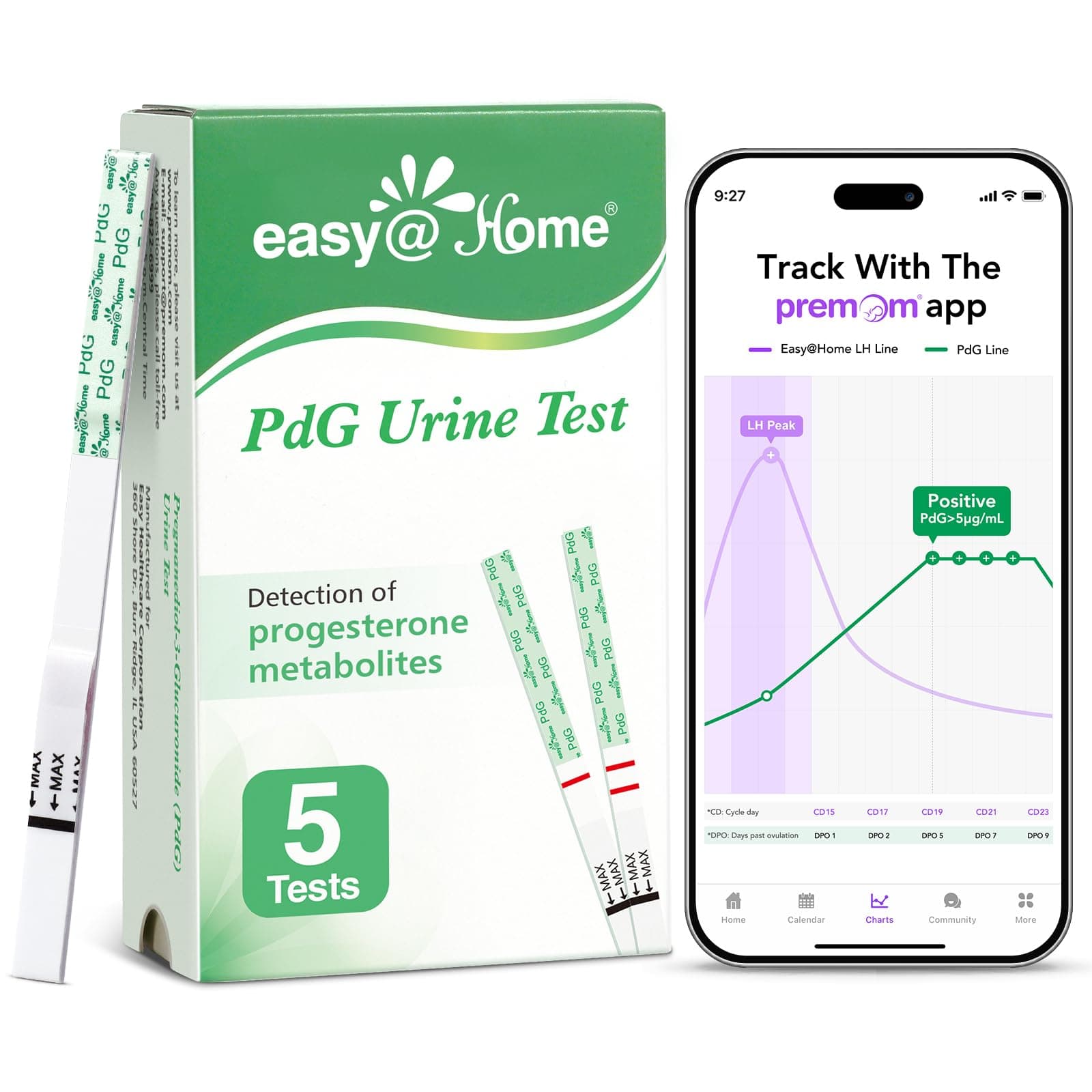 Easy@Home PdG Test Strips: Track Ovulation Insights with Progesterone Urine Tests – at Home Fertility Test for Women with Premom Ovulation App - PdG (Pregnanediol Glucuronide) Tests – 5 Pack