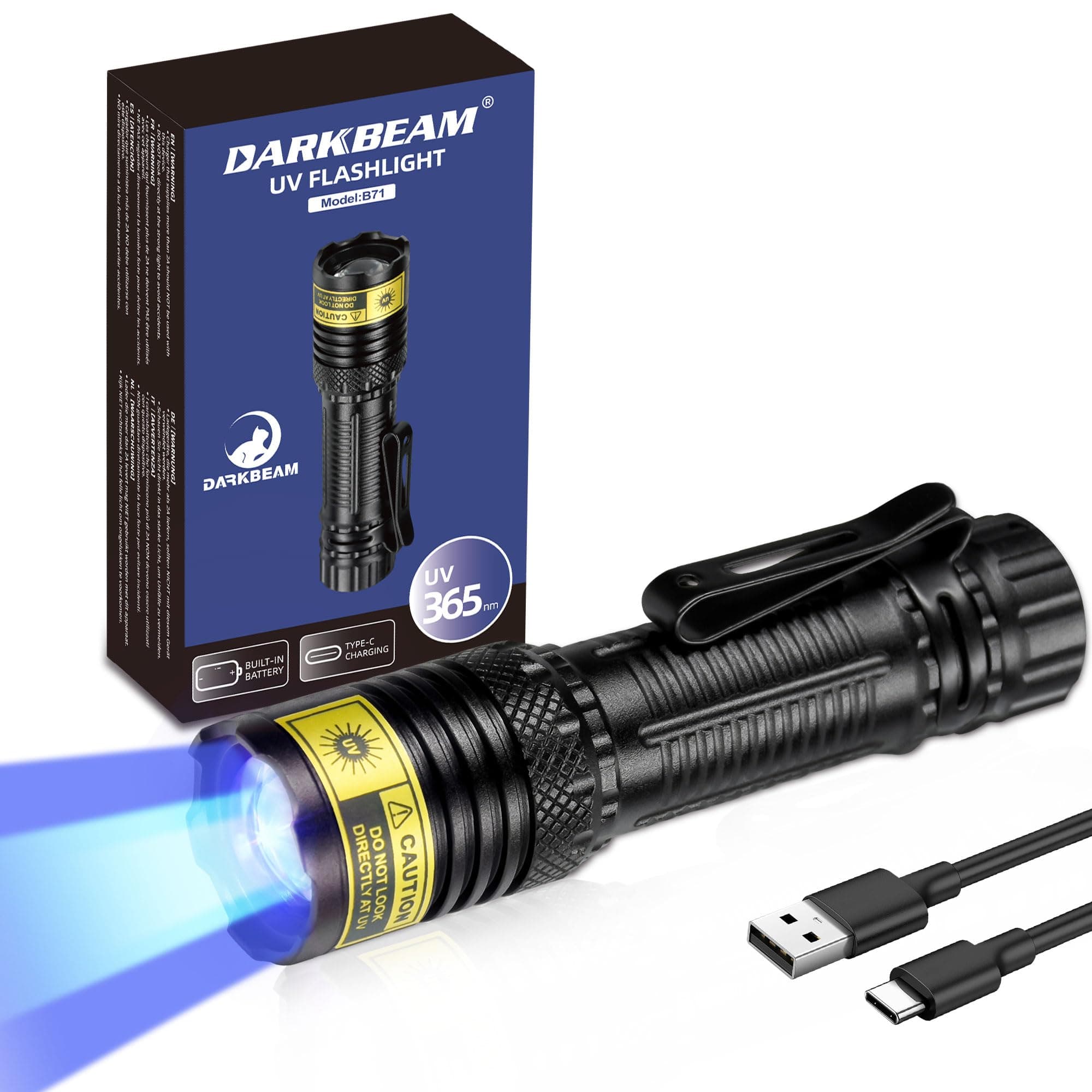 DARKBEAM UV Flashlight 365nm Black Light, Mini but Powerful Blacklight USB- C LED Rechargeable, Focusable Woods Lamp Water Resistant, Detector for Pet Urine, Uranium Glass&Leak Detection, Curing Resin