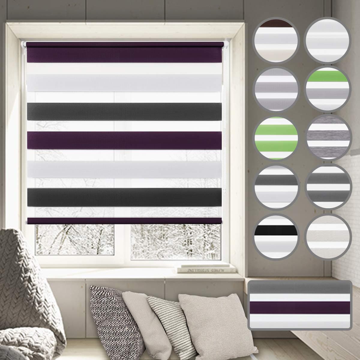 Day and Night Roller Blinds - 70 x 150 cm White Anthracite Purple Zebra Roller blinds Translucent or Blackout Curtains Easy Fix with Accessories for Windows and Doors