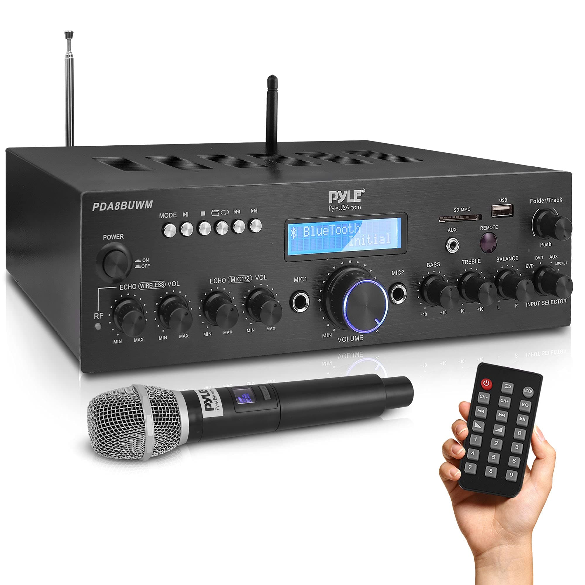 Wireless Microphone Power Amplifier System - 200W Dual Channel Sound Audio Stereo Karaoke Speaker Receiver w/USB, AUX, Microphone in w/Echo, Radio,Home Theater via RCA, Studio Use PDA8BUWM.5