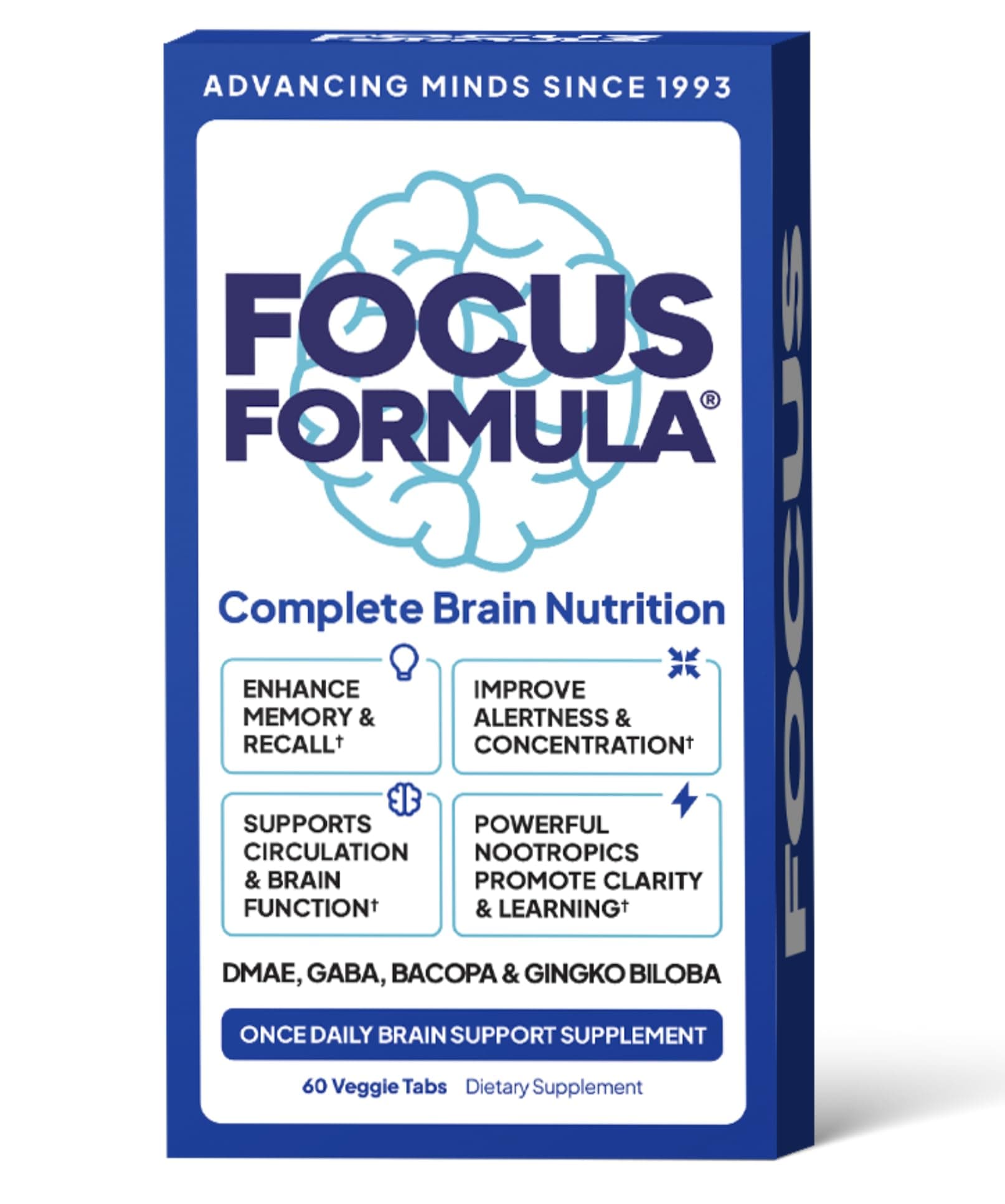 Focus Formula Nootropic Brain Supplement, Focus Capsules for Concentration, Supports Energy, Brain Booster with GABA, DMAE, and BACOPA, Memory Support Supplement, Cognitive Support, 60 Veggie Tablets