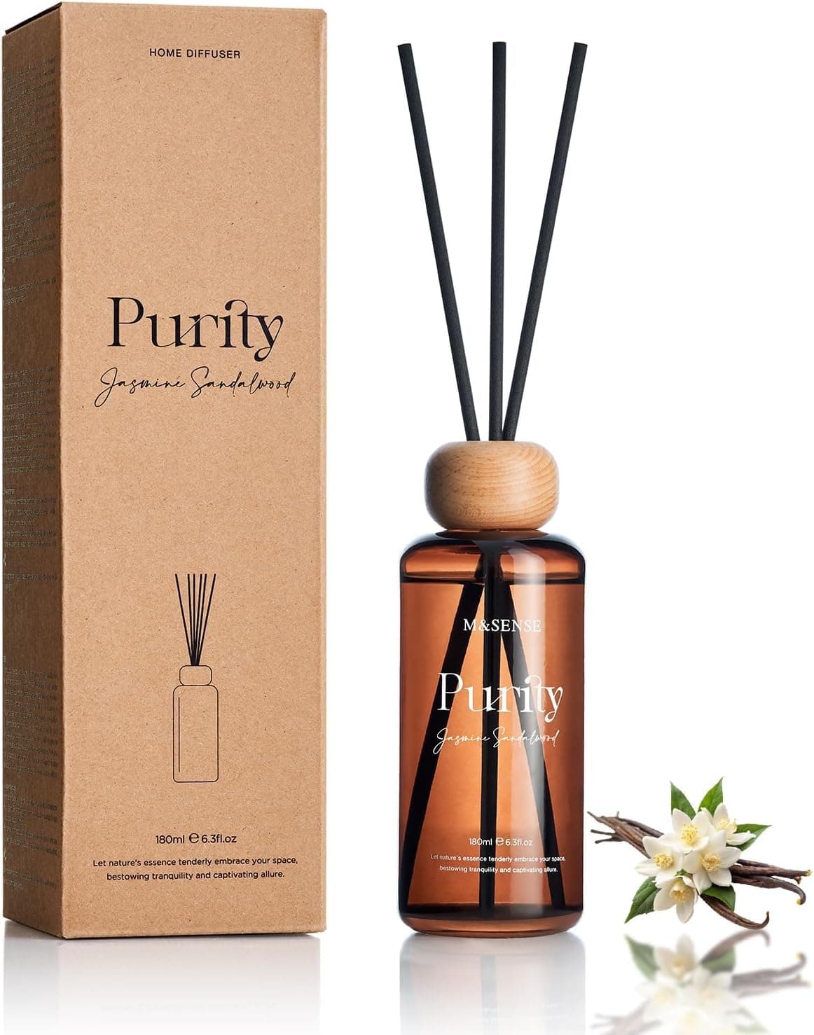 M&SENSE Reed Diffuser Set, Jasmine Sandalwood Scented 6.3 fl oz Natural Essential Oil Diffusers with Sticks, Non-Toxic Organic Air Freshener, Long-Lasting Fragrance Oils for Home Bathroom Living Room