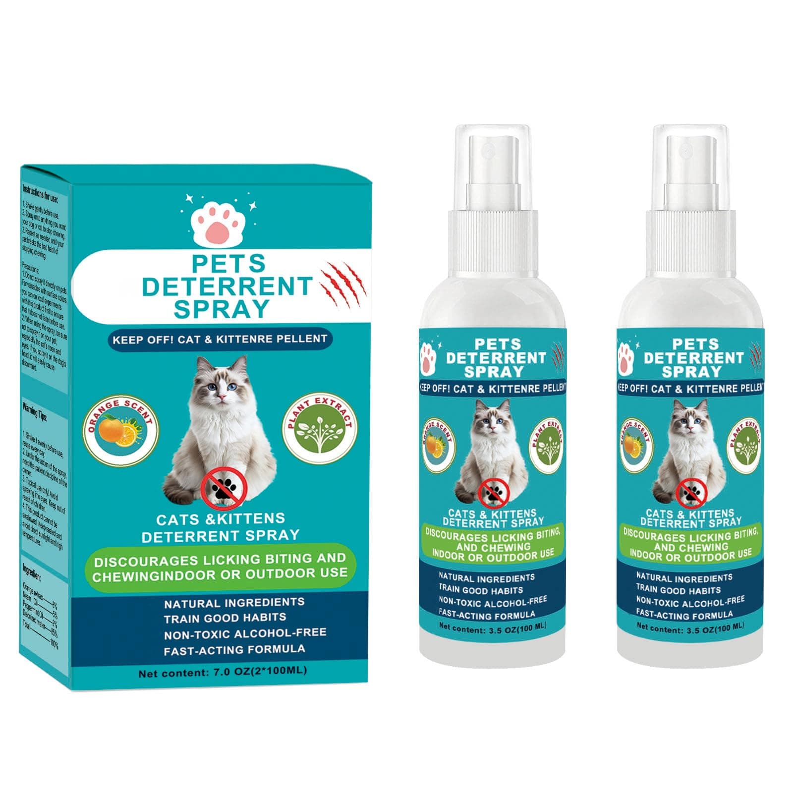 Cat Deterrent Spray - Effective Training Aid with Natural Ingredients, Safe Indoor & Outdoor Deterrent for Furniture Protection, Non-Toxic Anti-Scratch Formula (2 Pcs * 100 ML) 7.0 OZ