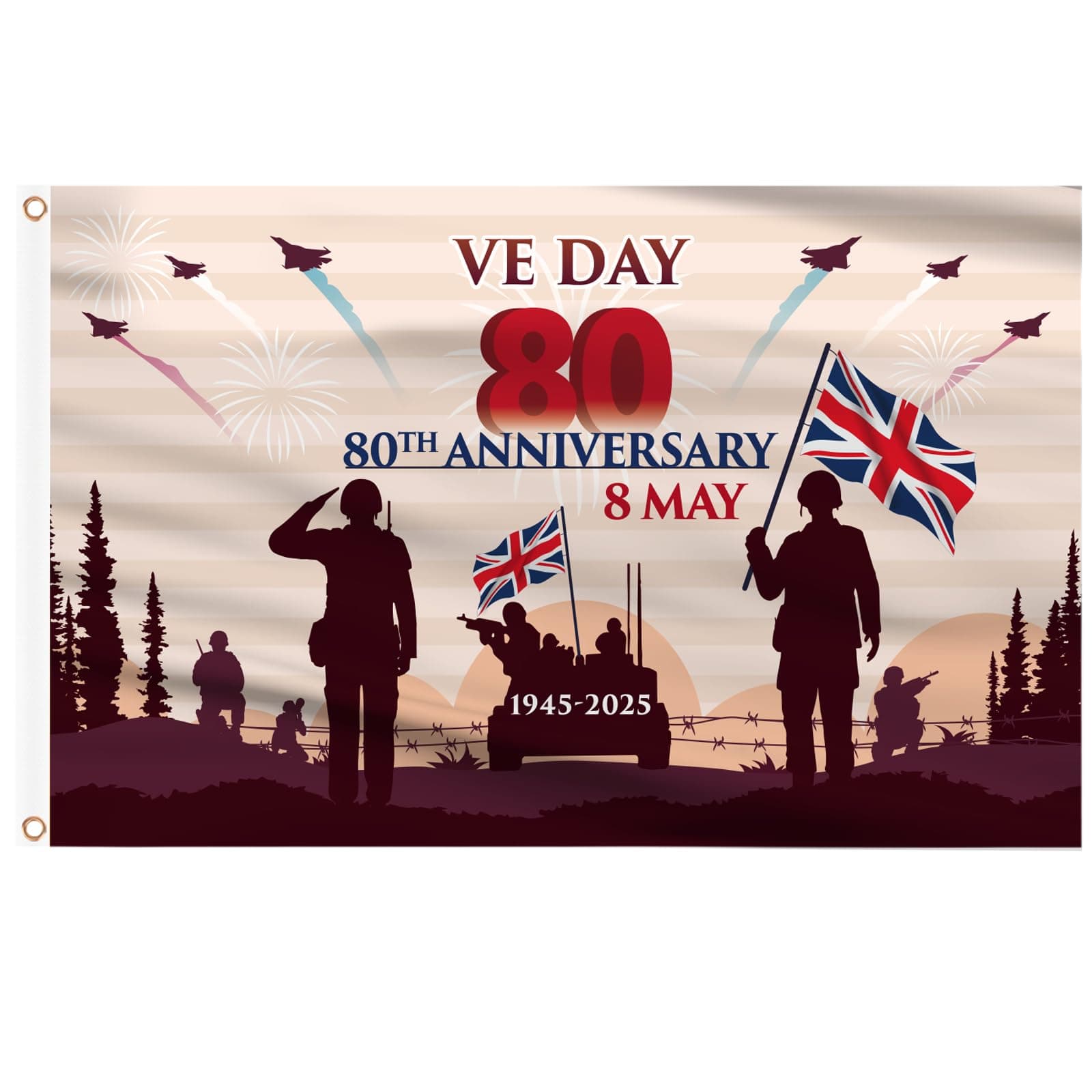 AhfuLife VE Day Flag 3Ft x 5Ft for 80th Anniversary 2025 Decorations, 1PCS 80 Years VE Day Cloth Flag Party Decorations Waterproof Flag for 80 Years Victory In Europe WW2 1945-2025 Decorations