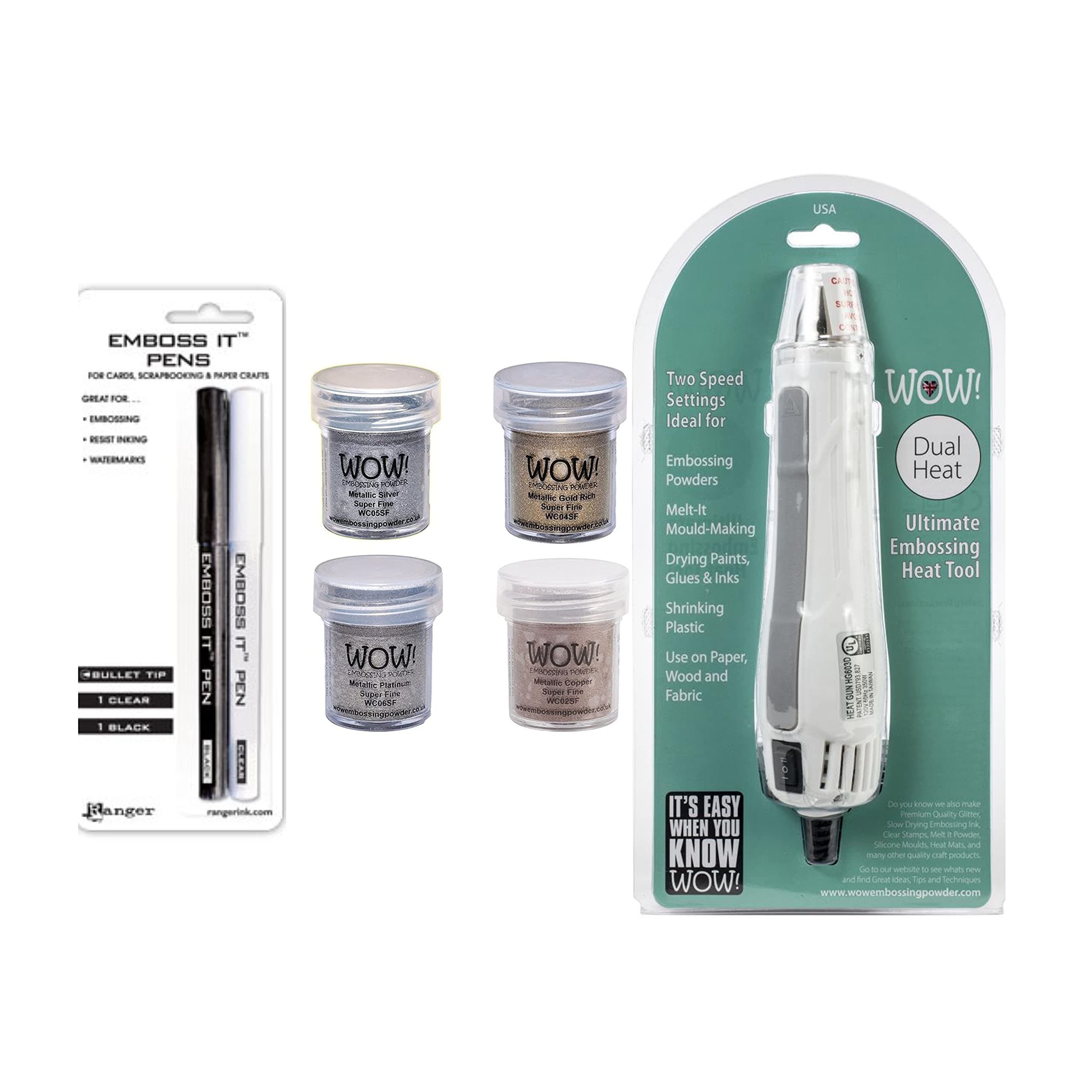 MSB Embossing Starter Kit: Wow Heat Tool Machine, Emboss It Pens, Wow Gold, Silver, Platinum and Copper Powder Set