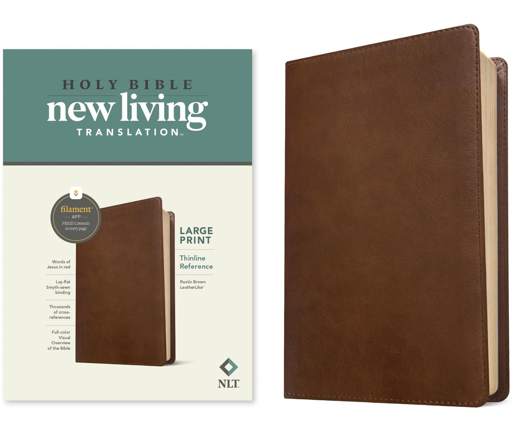 NLT Large Print Thinline Reference Bible, Filament Enabled (LeatherLike, Rustic Brown, Red Letter): Includes Free Access to the Filament Bible App ... Notes, Devotionals, Worship Music, and Video
