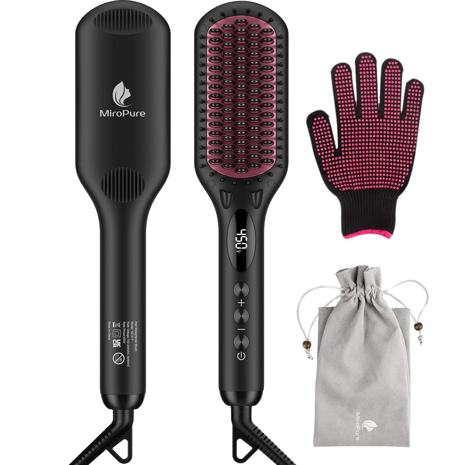 MiroPure 2-in 1 Ionic Hair Straightener Brush MCH Heating Irons with Free Heat Resistant Glove