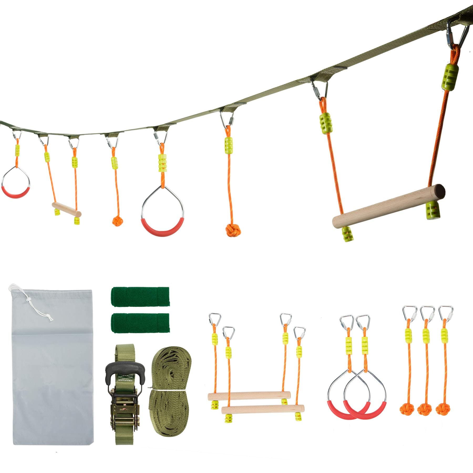 Pinty 40'/46’ Portable Slackline Monkey Bar Kit, Swinging Obstacle Course Set for Adults and Kids, 2 Bars, 2 Gymnastics Rings, 3 Fists, Tree Protectors & Bag, 250lb. Weight Capacit (46ft)