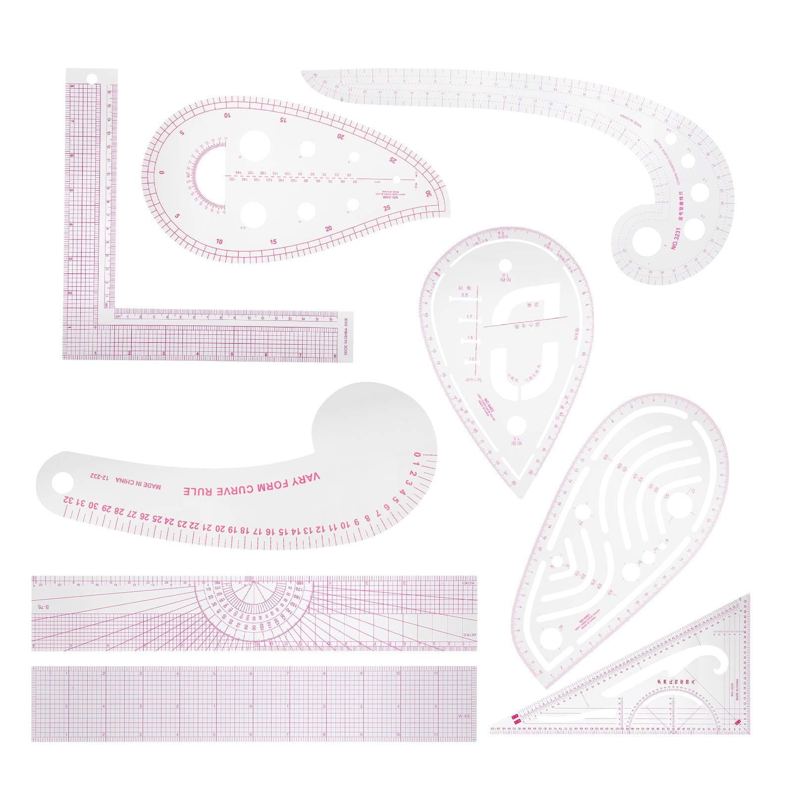 9pcs Sewing Ruler Set, French Curve Comma Ruler Drafting Drawing Template Sewing Measuring Tools for Pattern Making, Dressmaking, Fashion Design