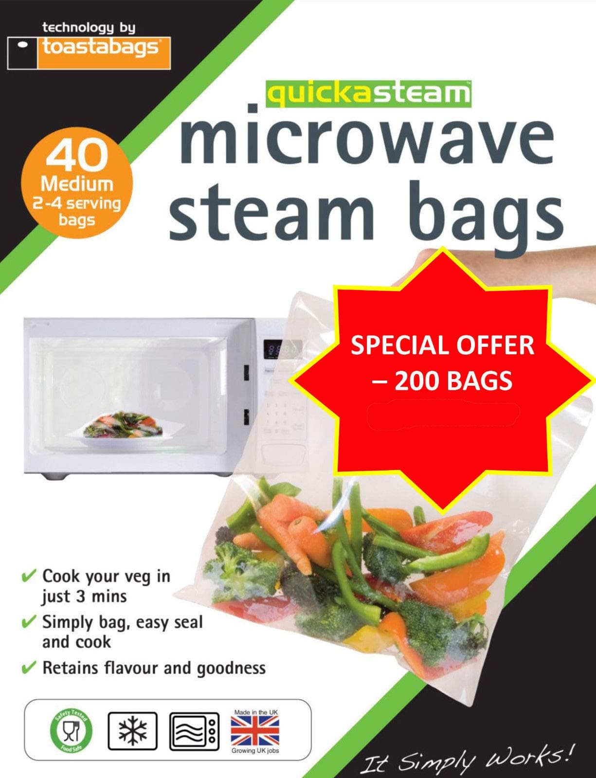 200 x medium quickasteam microwave steam cooking bags - SUPER VALUE