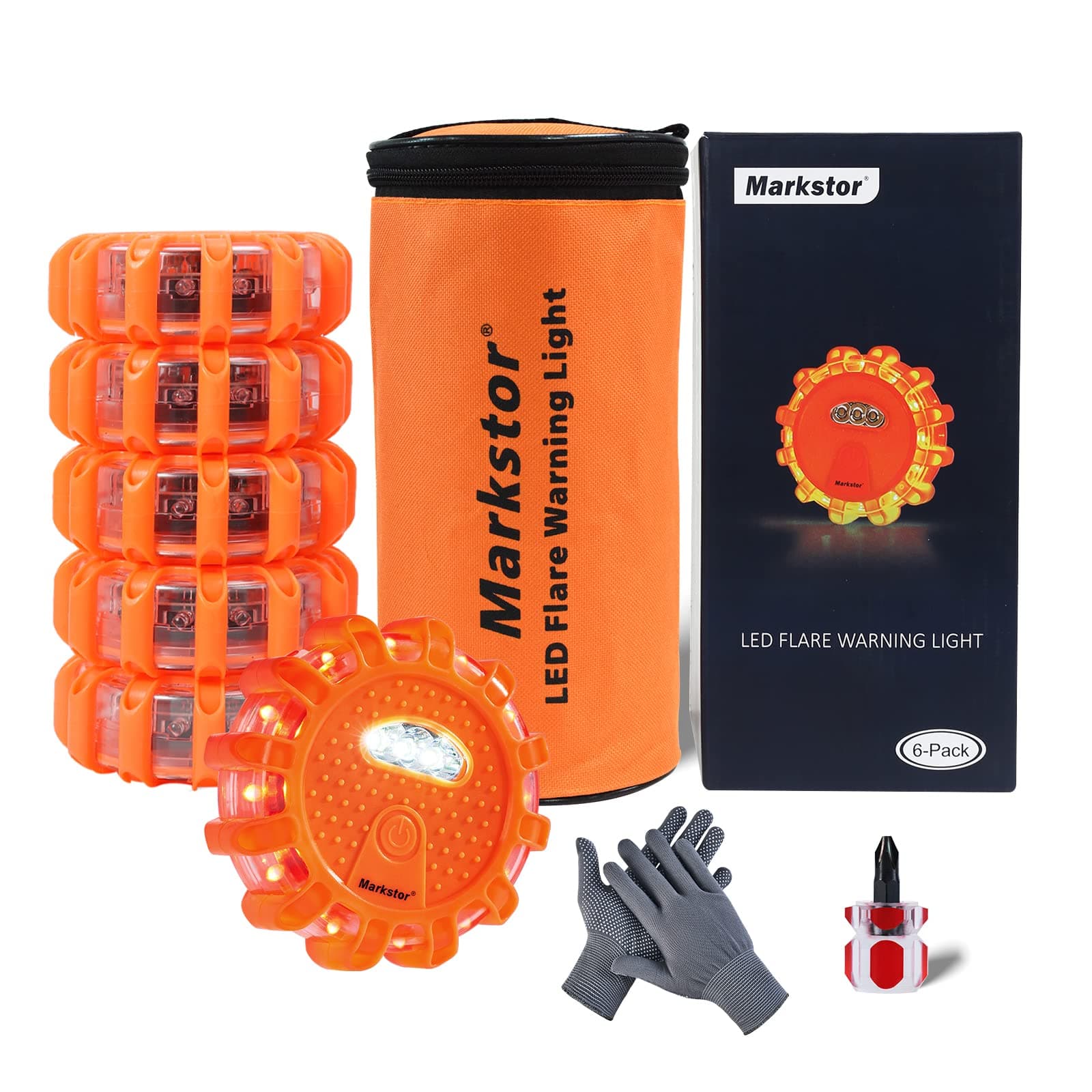 6 Pack LED Road Flare Emergency Car Kit With 9 Blinking Modes,Amber Roadside Safety Flare Discs Warning Light For Car & Truck With Magnetic&Hook (Battery Not Included)