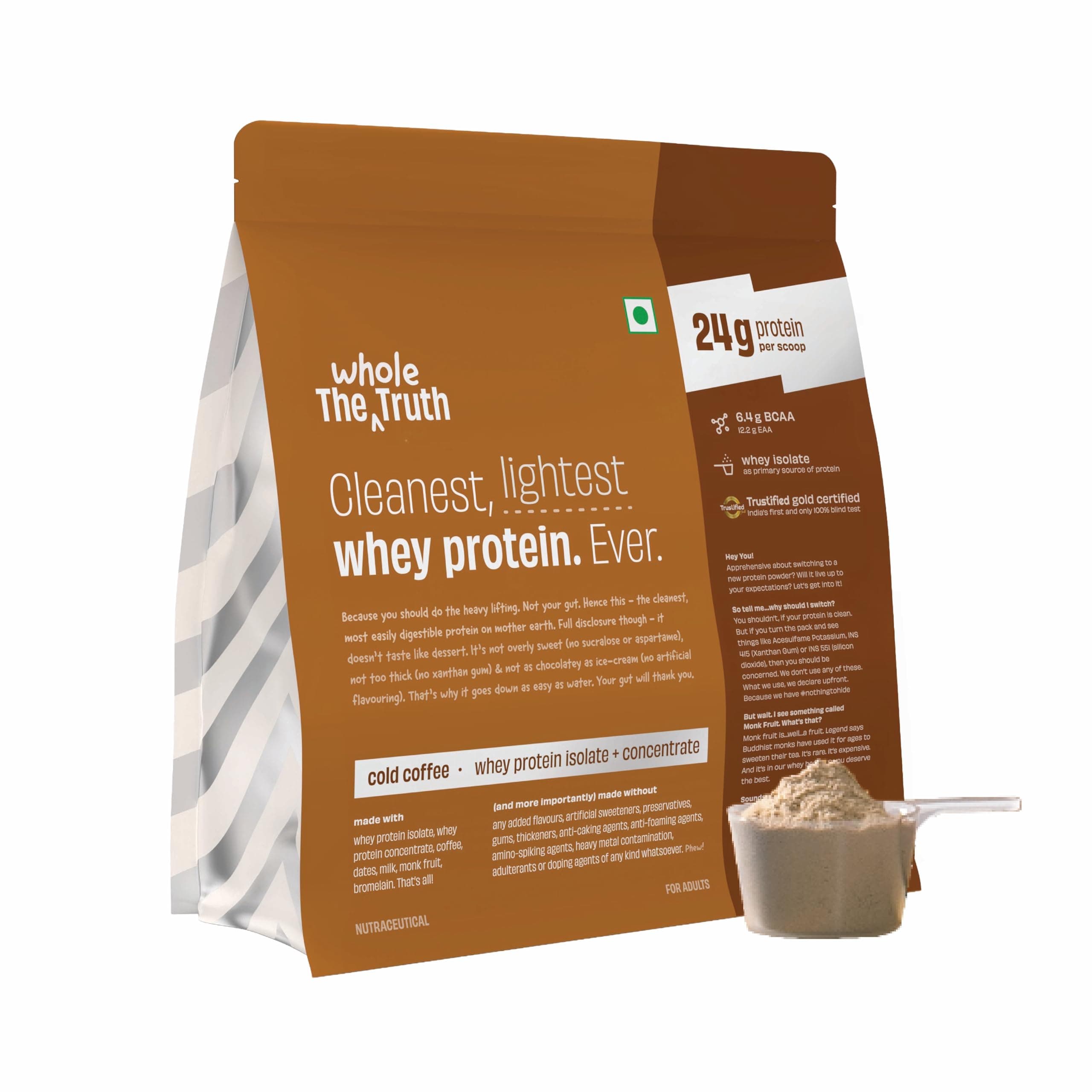 The Whole Truth Whey Protein Isolate+Concentrate Cold Coffee 1 Kg (2.2 Lbs) 24G Protein/Scoop 6.6G Bcaa Authentic Whey & No Adulteration Clean, Light & Easy to Digest Vegetarian