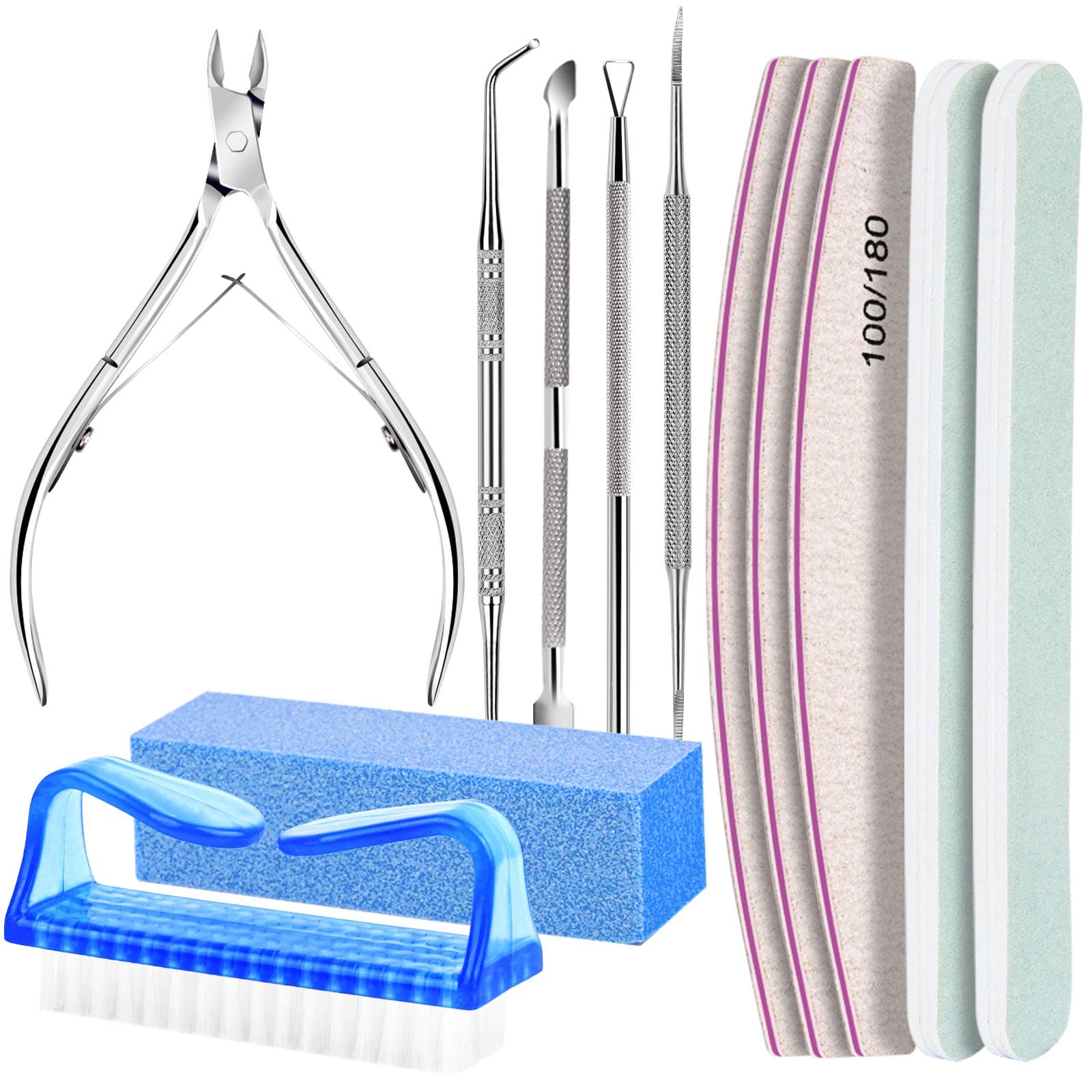 FANDAMEI Manicure Set, Nail Tools, Files 100/180, Buffer Block, Cuticle Nippers, Pusher, Peeler, Lifter for Ingrown Toenails, Toenail File, Care Kit, Blue