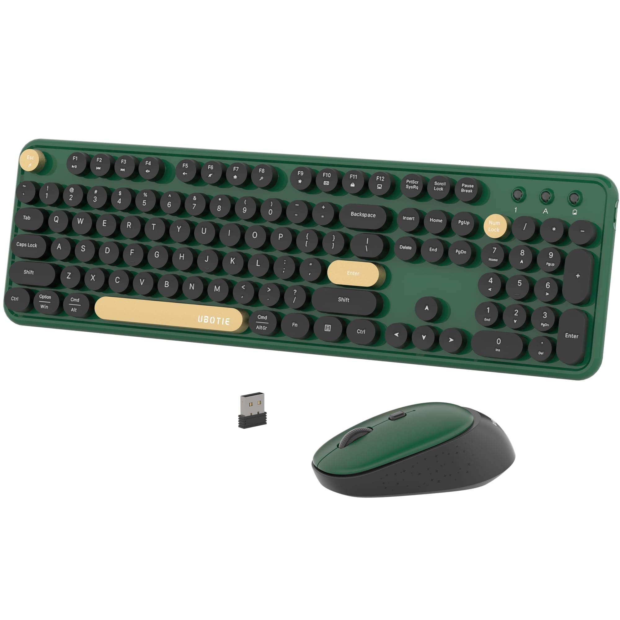 Colorful Wireless Computer Keyboards Mouse Combos, UBOTIE Polychrome Round Keycaps Retro PC Keyboards 2.4GHz Radio Frequency Connection with Optical Mouse Power Switch (Green-Black)
