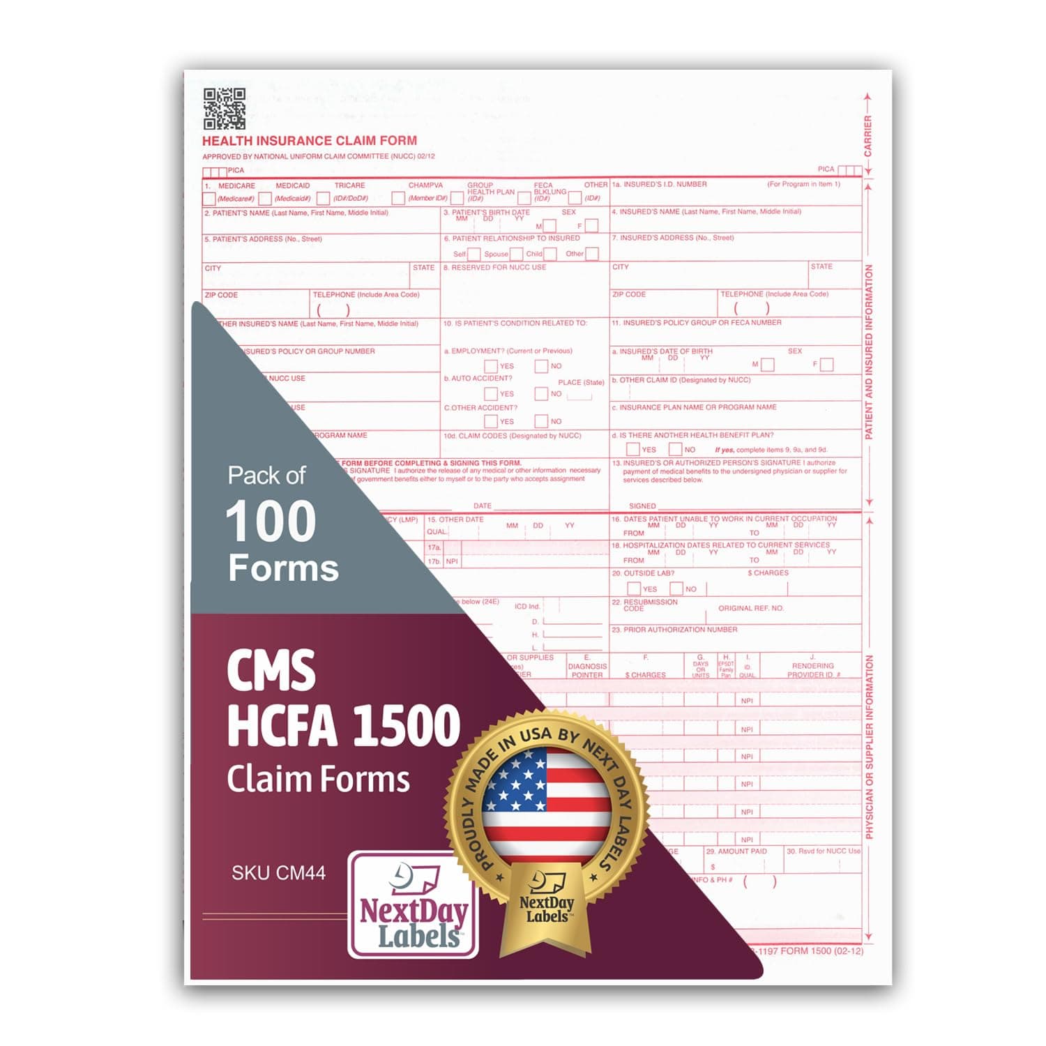 NextDayLabels - CMS 1500 / HCFA 1500 Insurance Claim Forms - Laser/Ink-Jet Compatible (New Version 02/12) Letter Size 8-12" x 11", 100 Sheets Per Pack