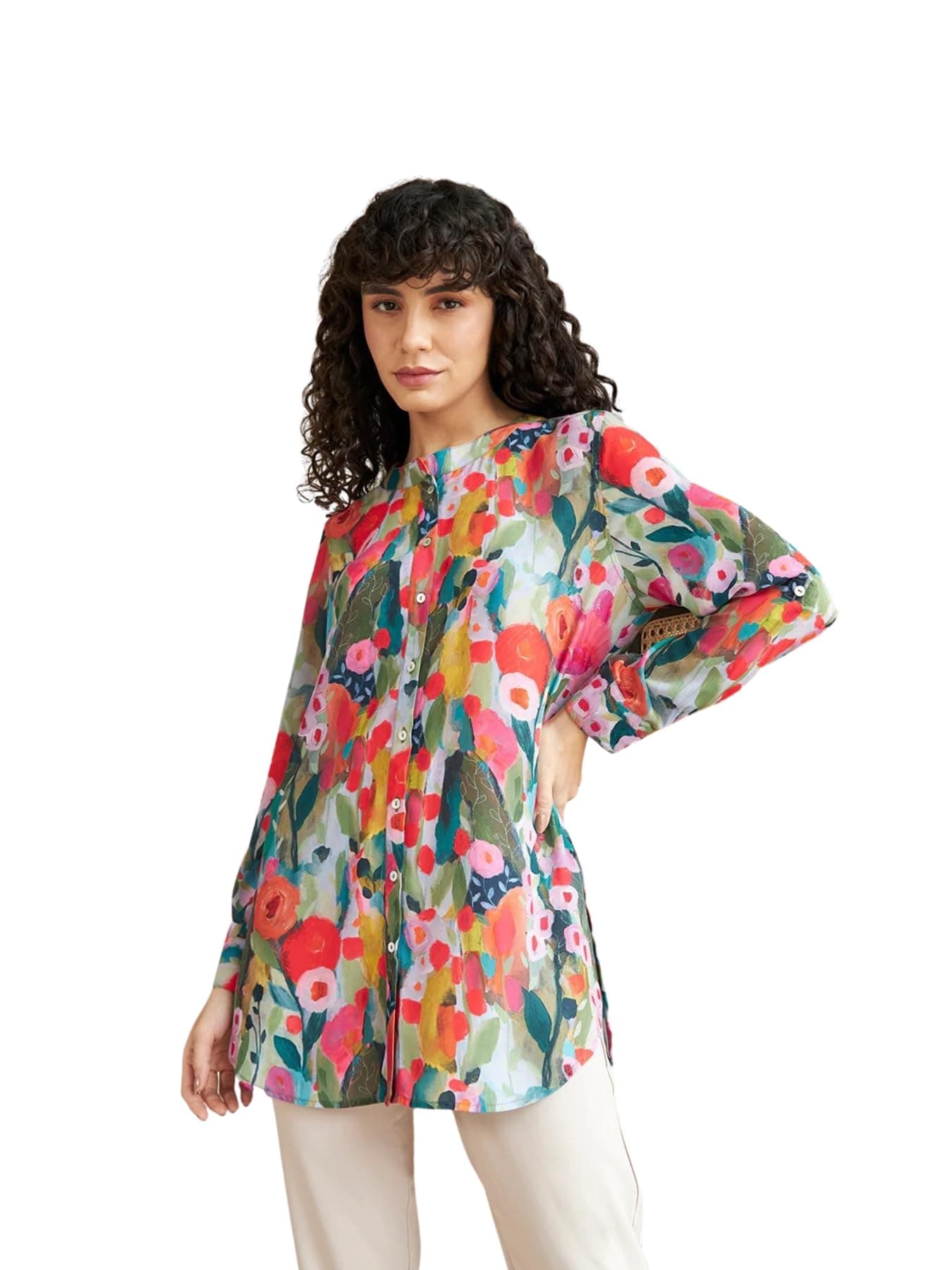 Rayon Vibrant Floral Printed Long Cuff Sleeves Button Closure Mandarin Collar Fancy Shirt Style Tops for Women Suitable for Office Party for Girls