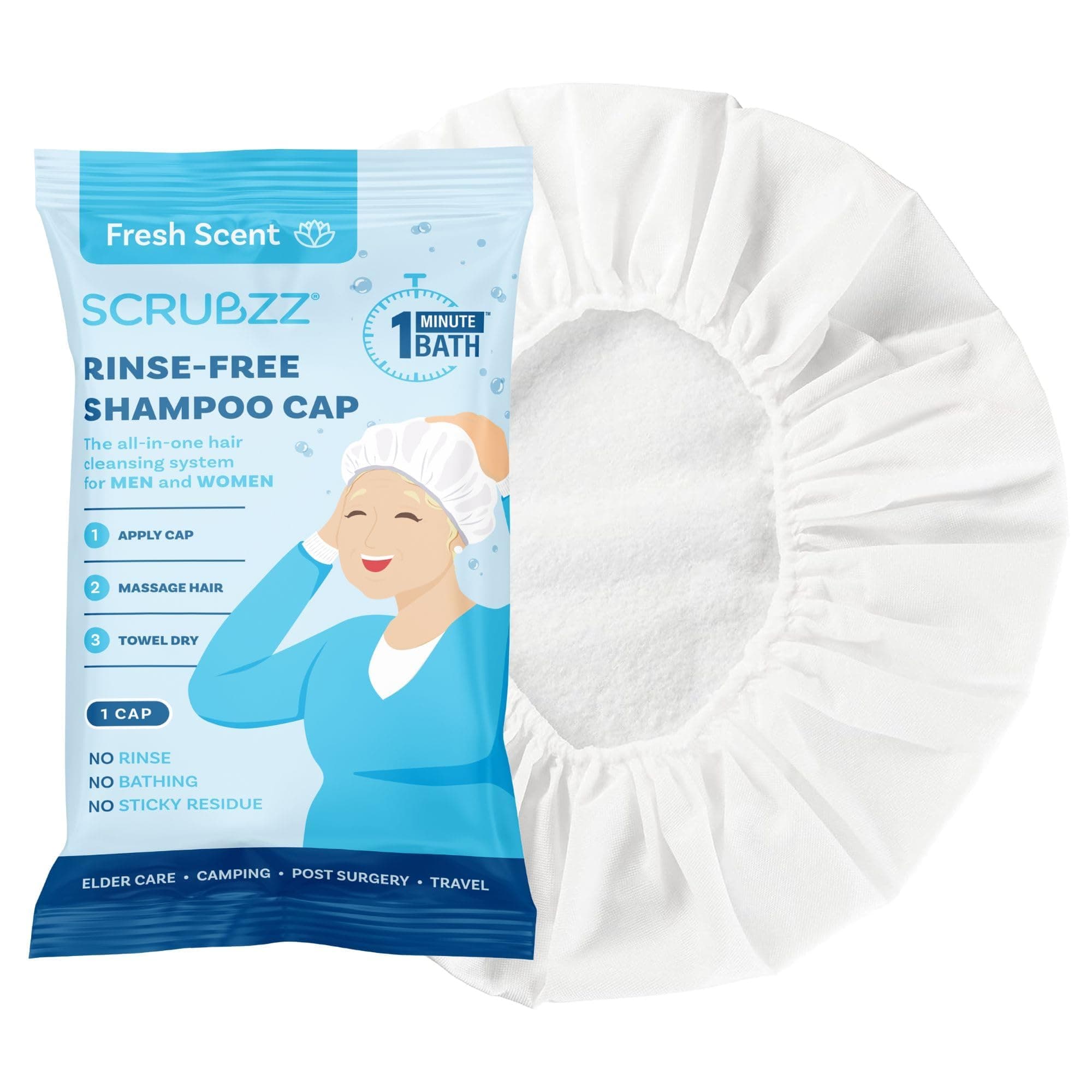 Scrubzz Shampoo Cap No Rinse for Elderly and Bedridden Patients, Rinse Free Shampoo Cap for Post Surgery and Hospital Stays, Waterless Hair Washing Shower Caps - 1 Pack