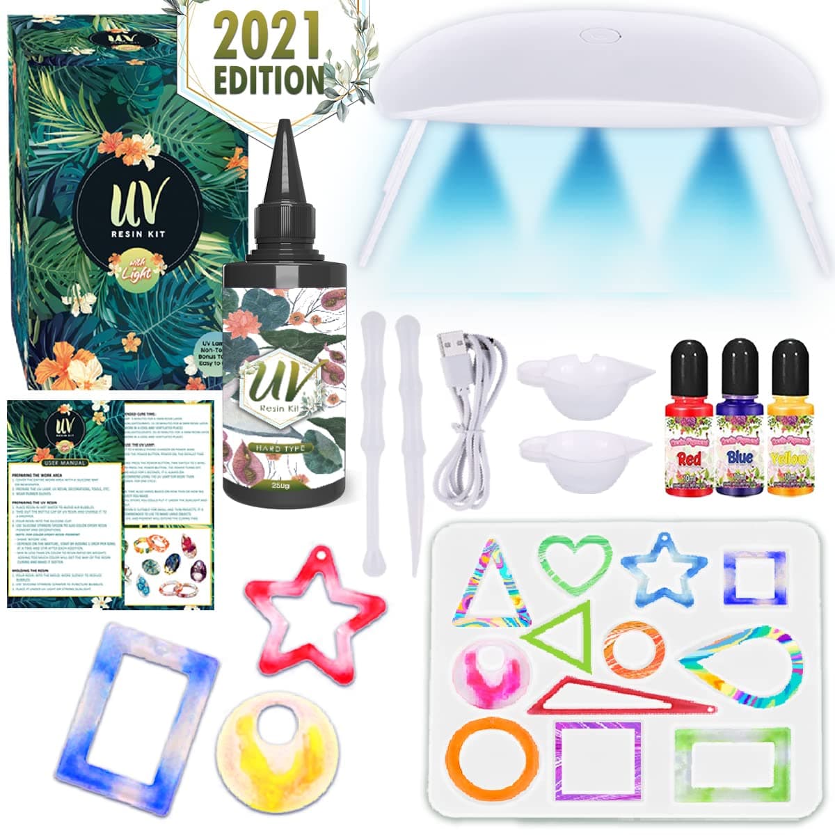 UV Resin Kit with Light - Lamp Curing Molds Beginners Silicone Mold Clear Casting Jewelry Making Supplies Arts & Crafts Pigments Resin Bundle Color Pigments Office Home Decor Complete Set