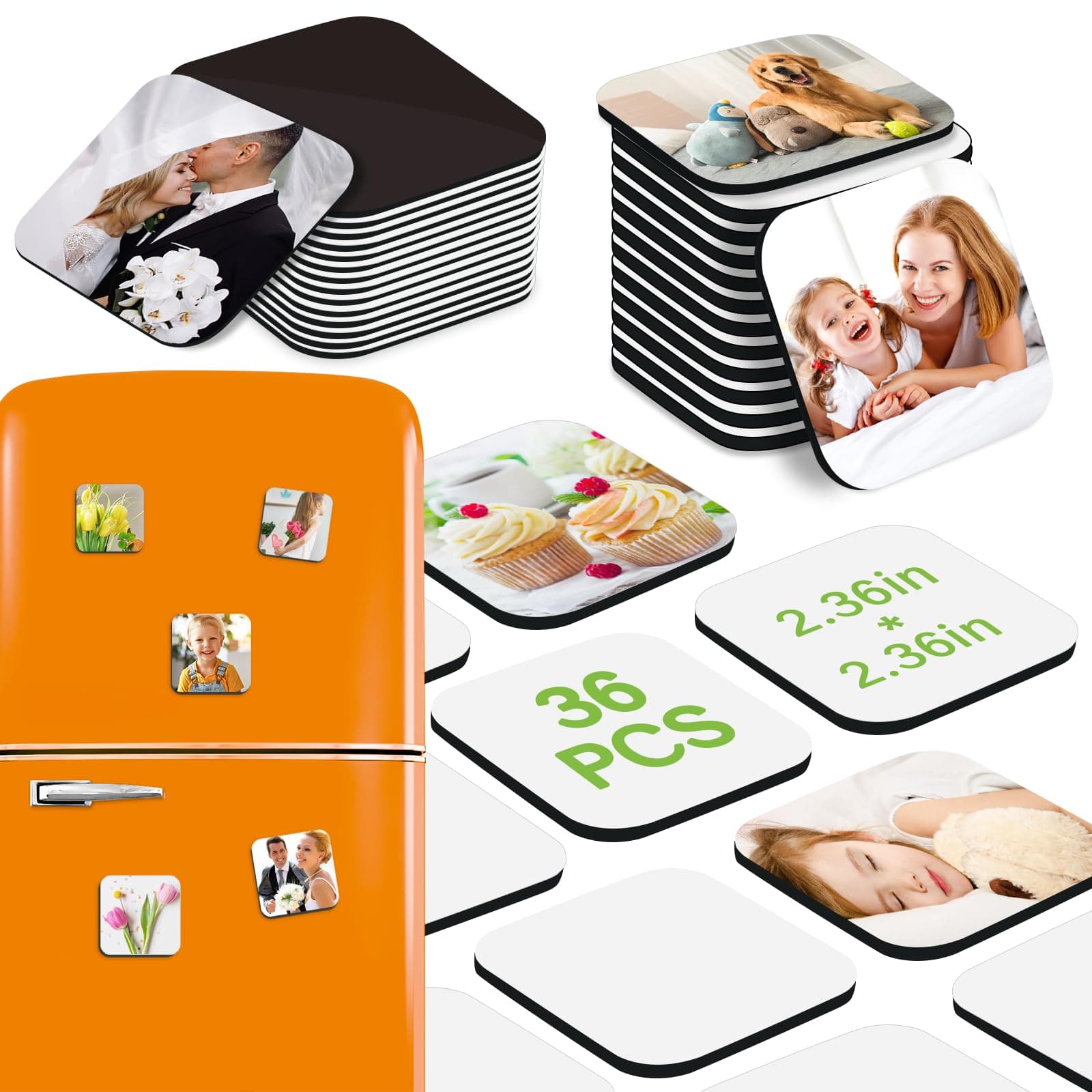 MORCART 36 Pcs Sublimation Magnet Blanks, for Personalized DIY Decor for Home Kitchen Refrigerator and Office Calendar with 18 Pcs Sublimation Square Blank (6x6cm), 18 Pcs DIY Soft Magnetic